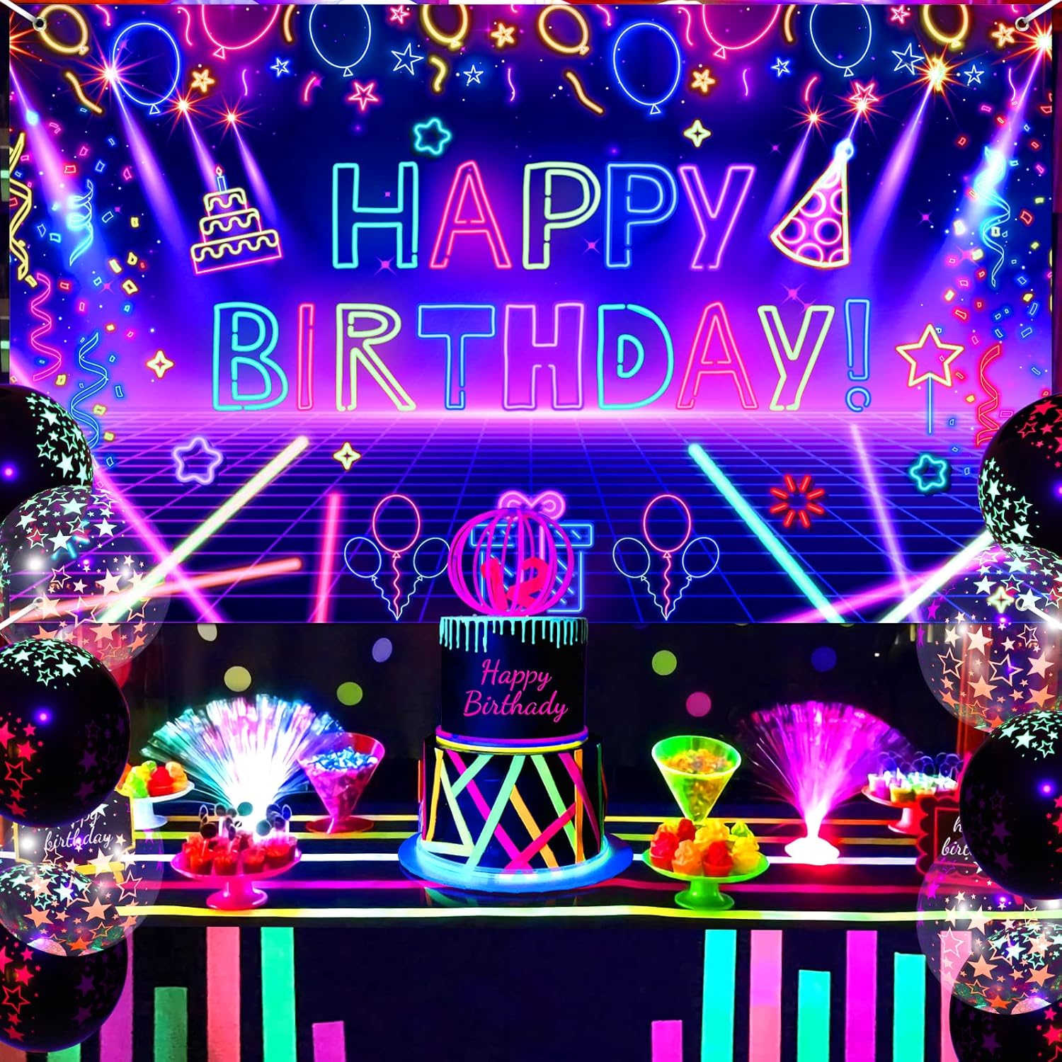 Glow Neon Birthday Party Banner - 71x44 Inch UV Reactive