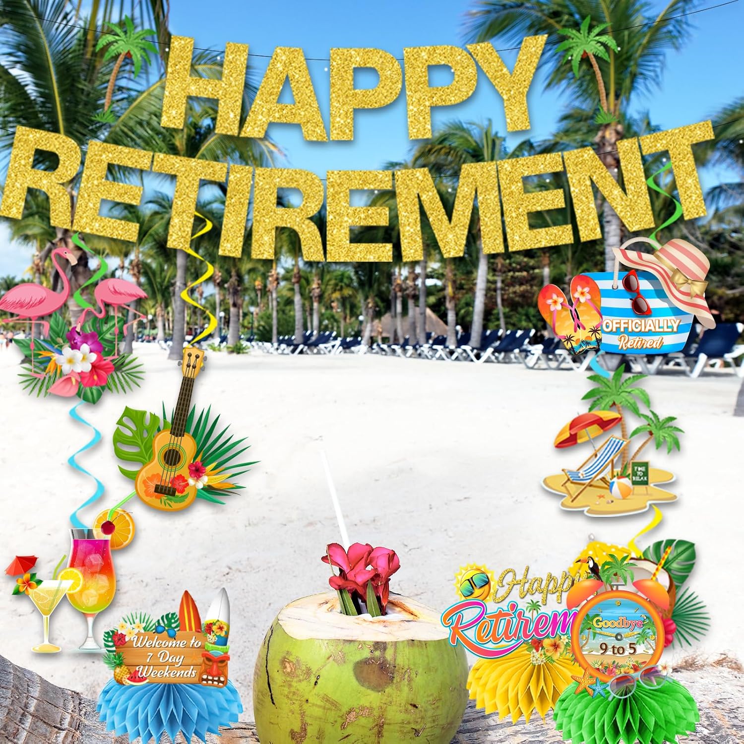 Hawaiian Retirement Party Decorations with Banners and Centerpieces