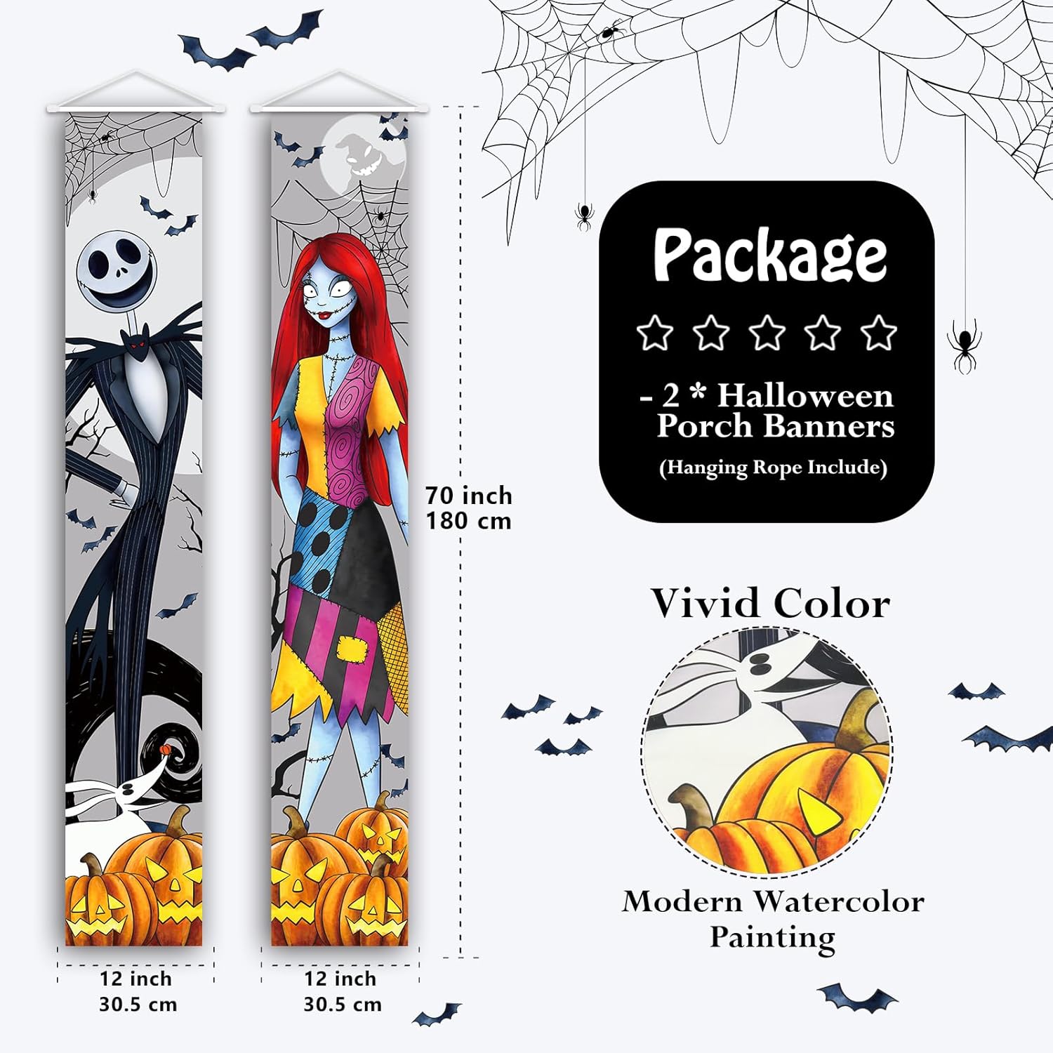 Jack and Sally Halloween Banners - 2 PCS Outdoor Porch Signs