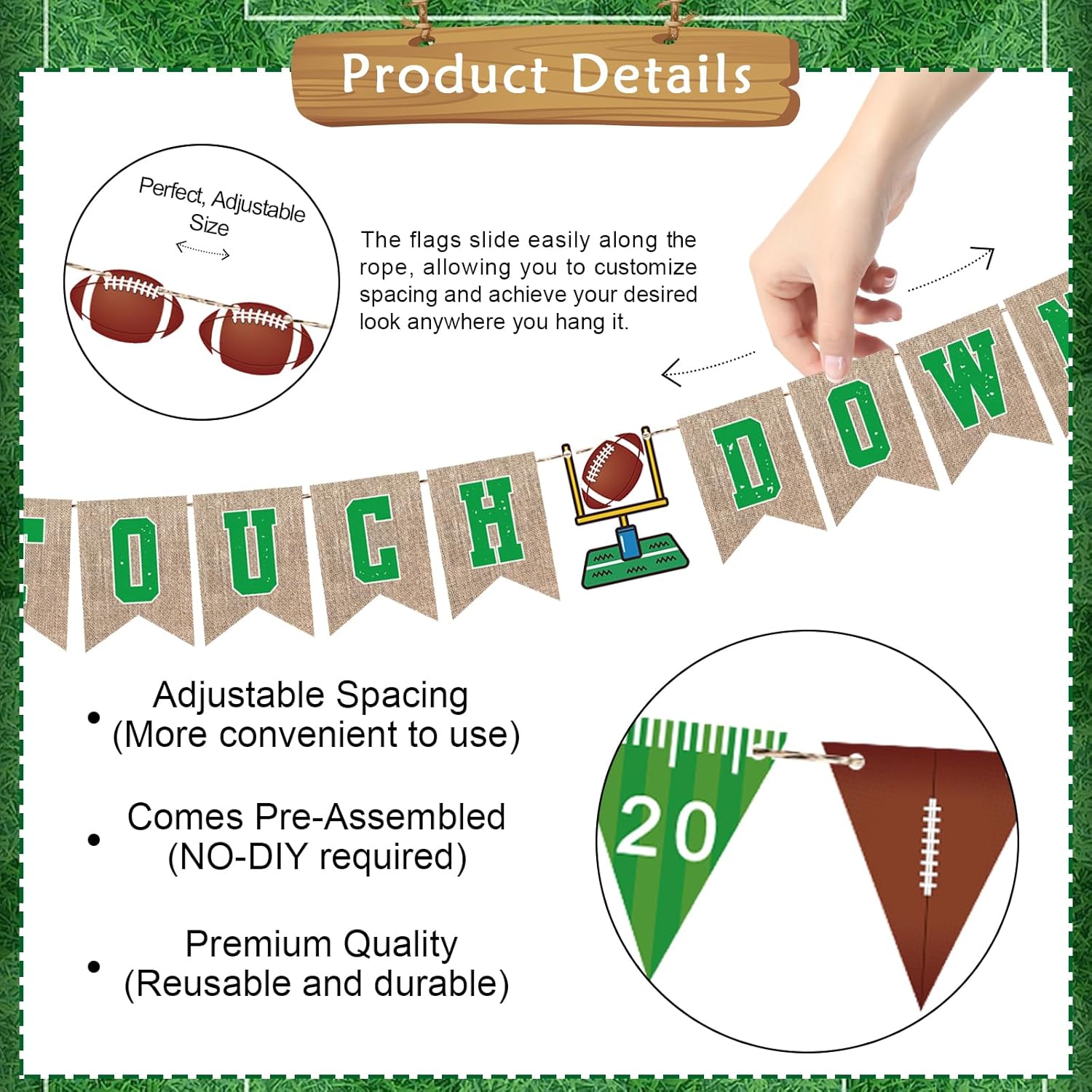 Pre-Strung 6ft Green Football Touchdown Banner for Parties