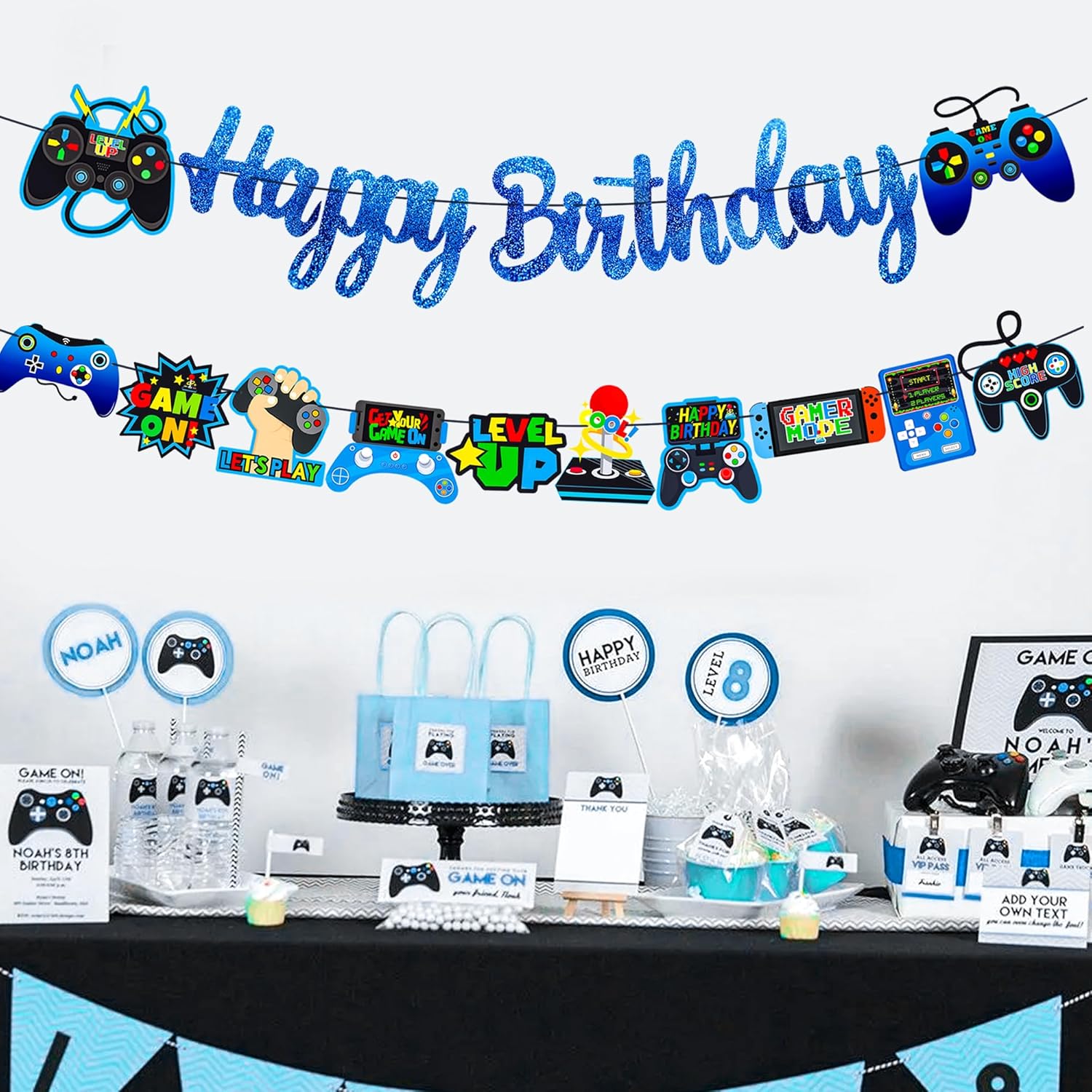 Glitter Blue Game Party Banners for Birthday Celebrations