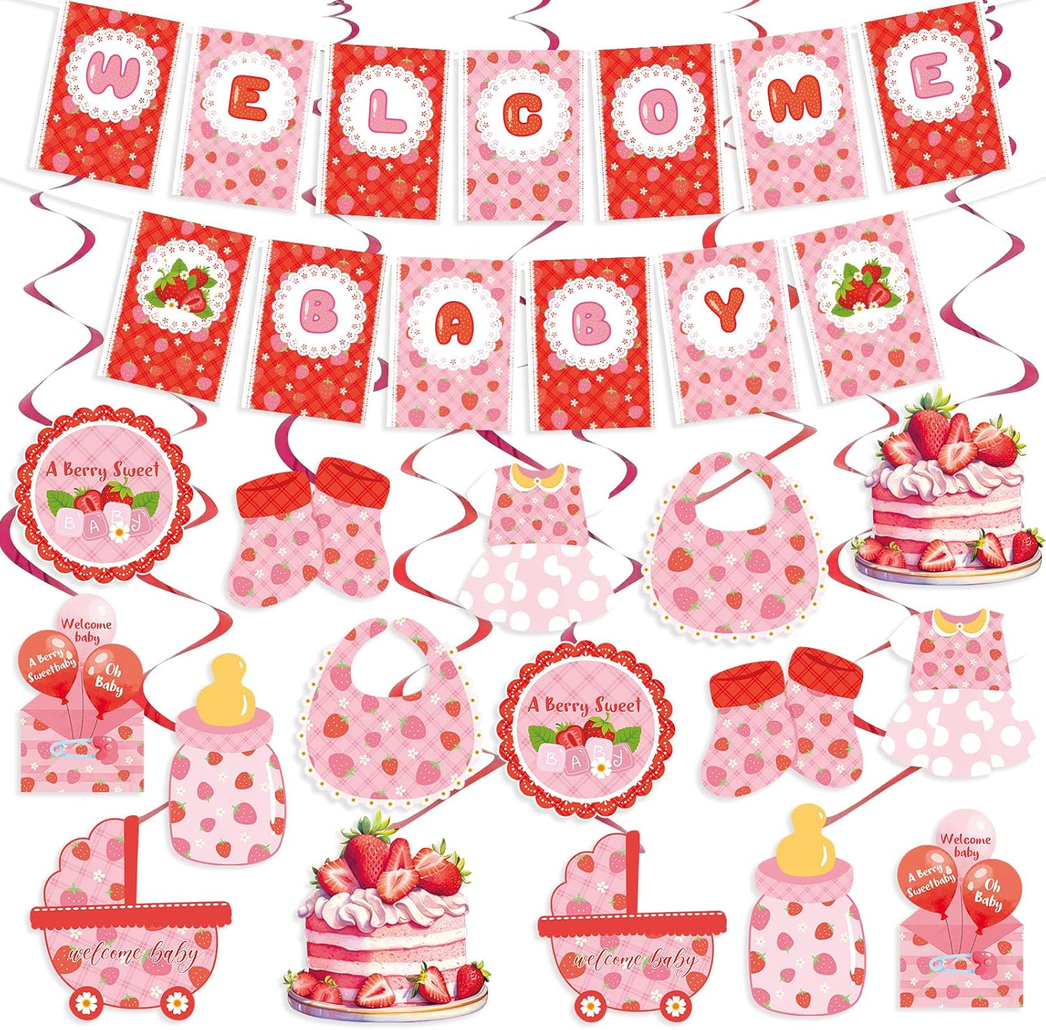 Strawberry Baby Shower Decorations with Banner and Hanging Swirls
