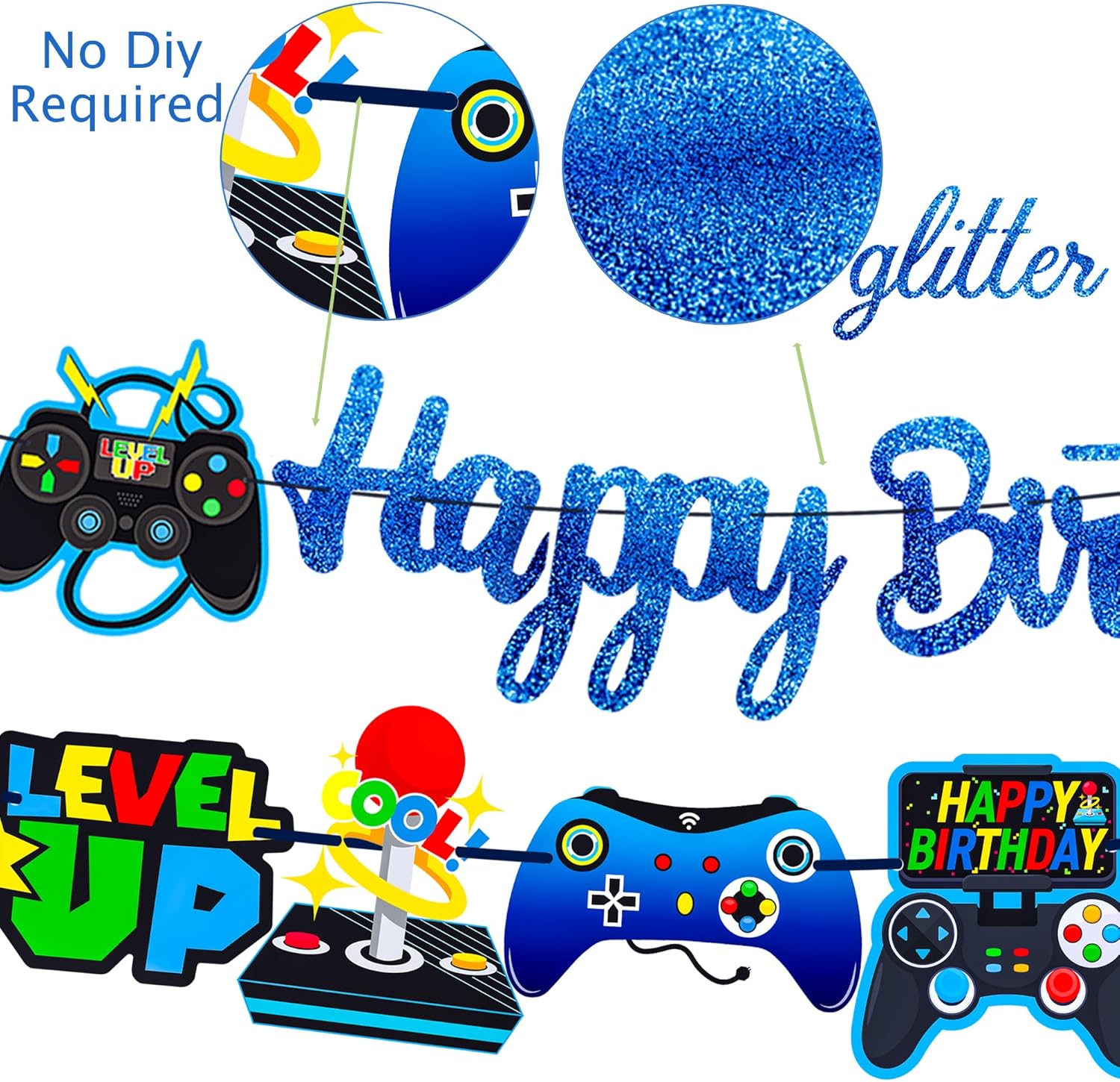 Glitter Blue Game Party Banners for Birthday Celebrations