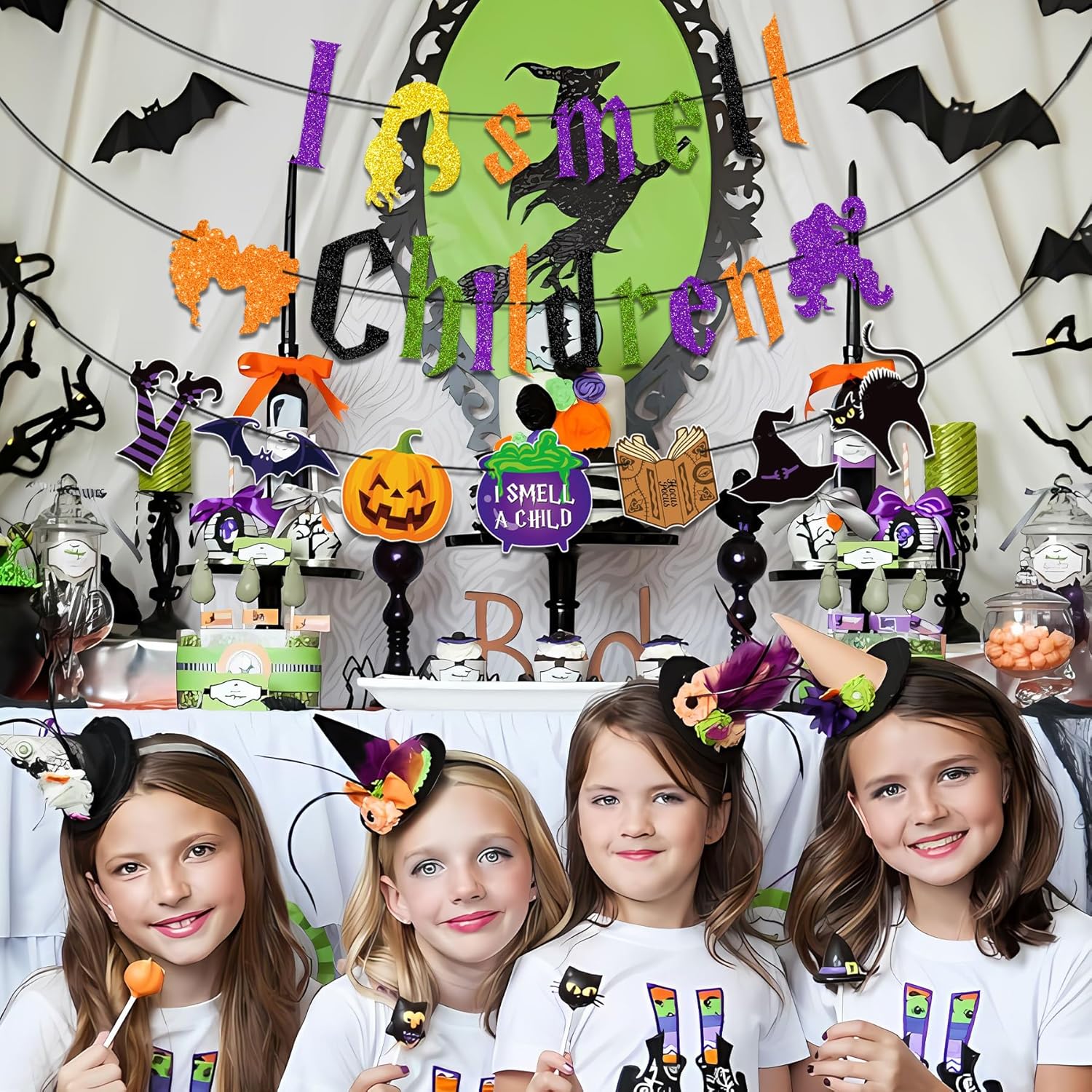 Pre-Strung I Smell Children Halloween Banner with Witches Hair