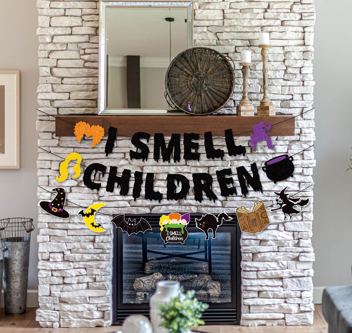 JOZON Black Glittery I Smell Children Halloween Banner