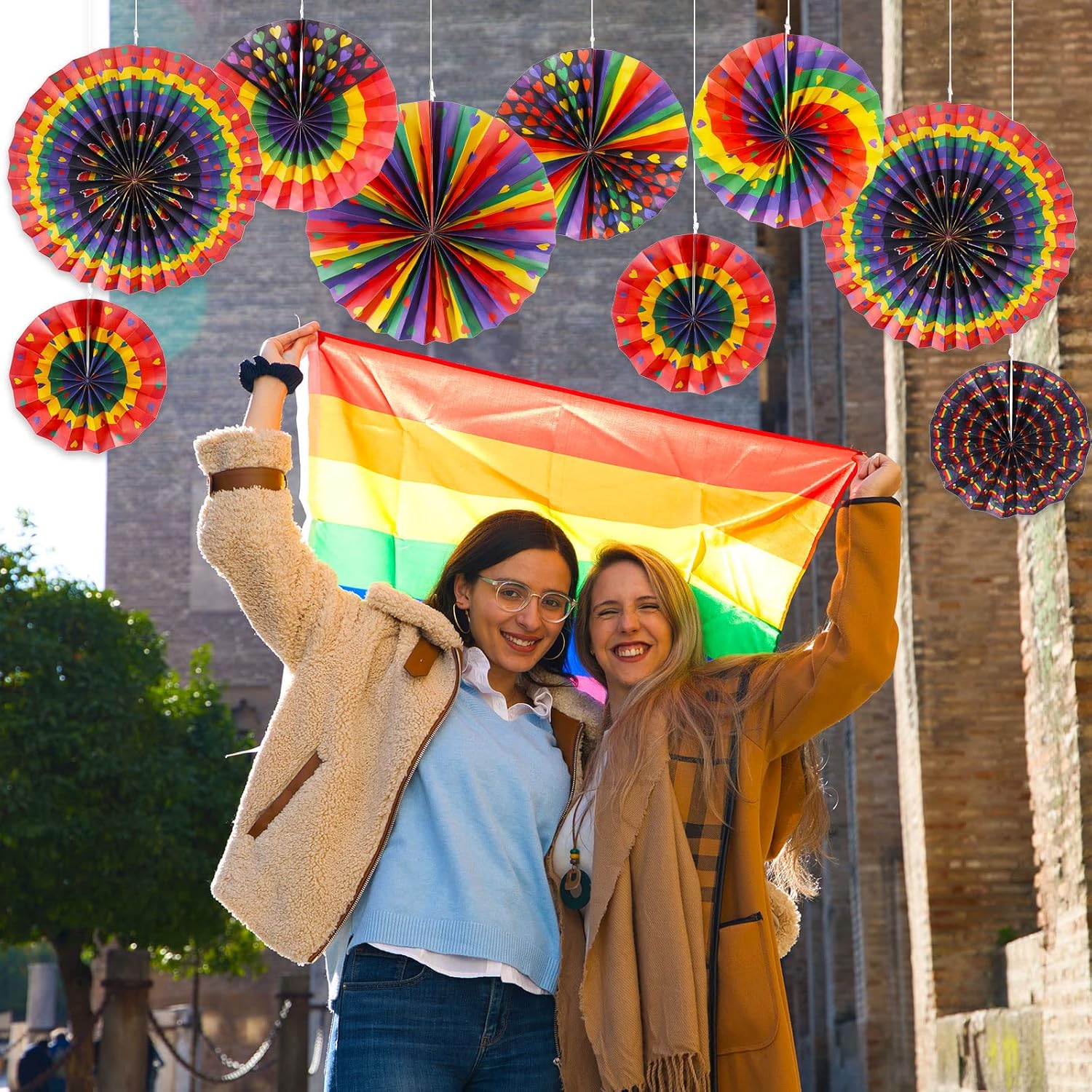 Outus 18 Pcs Rainbow Pride Hanging Fans Decorations
