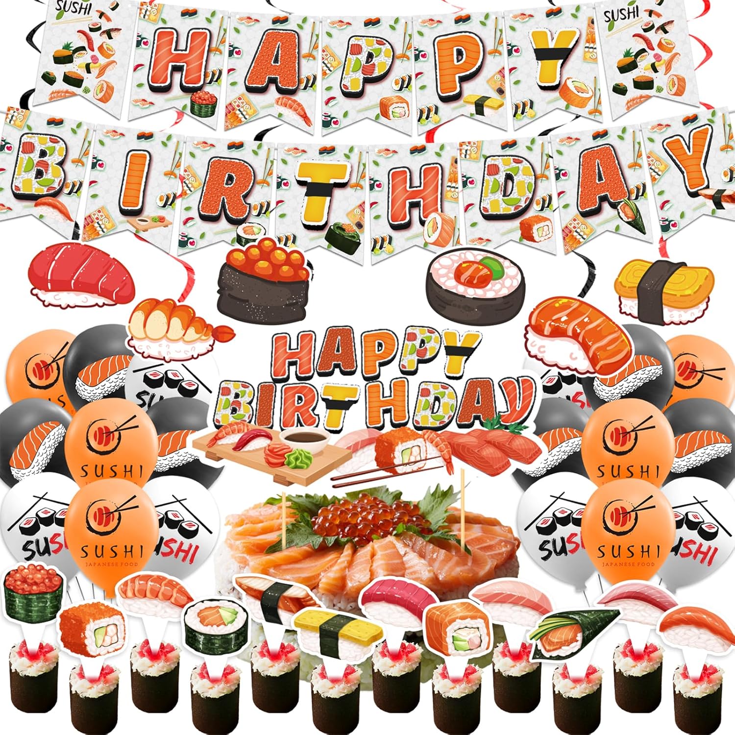 Sushi Party Decorations with Happy Birthday Banner and Balloons
