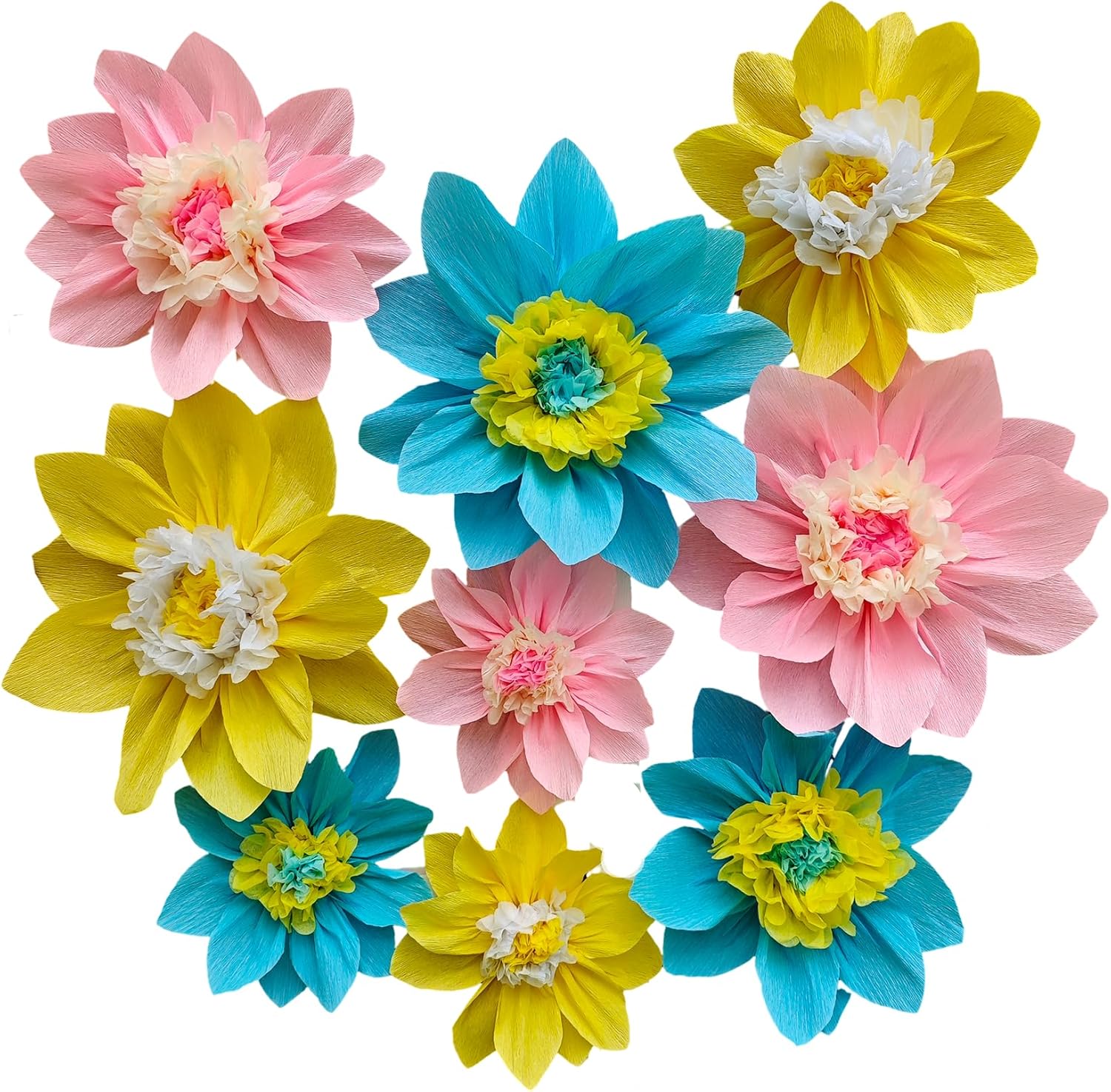 Mybbshower Crepe Paper Flowers Pack of 9 Pink Yellow Blue