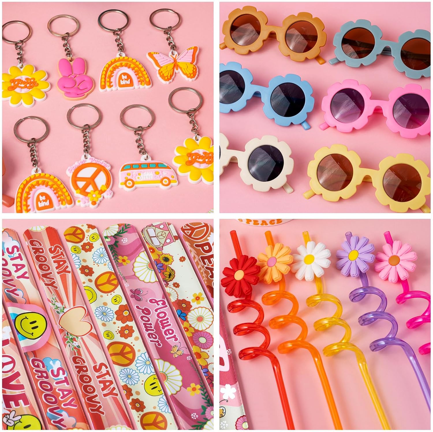 120PCS Groovy Party Favors Retro Flower Sunglasses Keychains Slap Bracelets