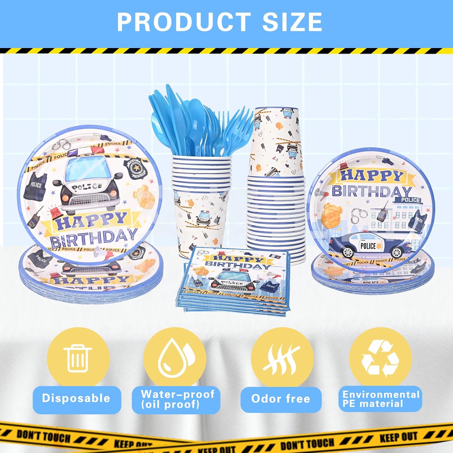 Police Birthday Tableware Set for Kids Blue and White Party Supplies