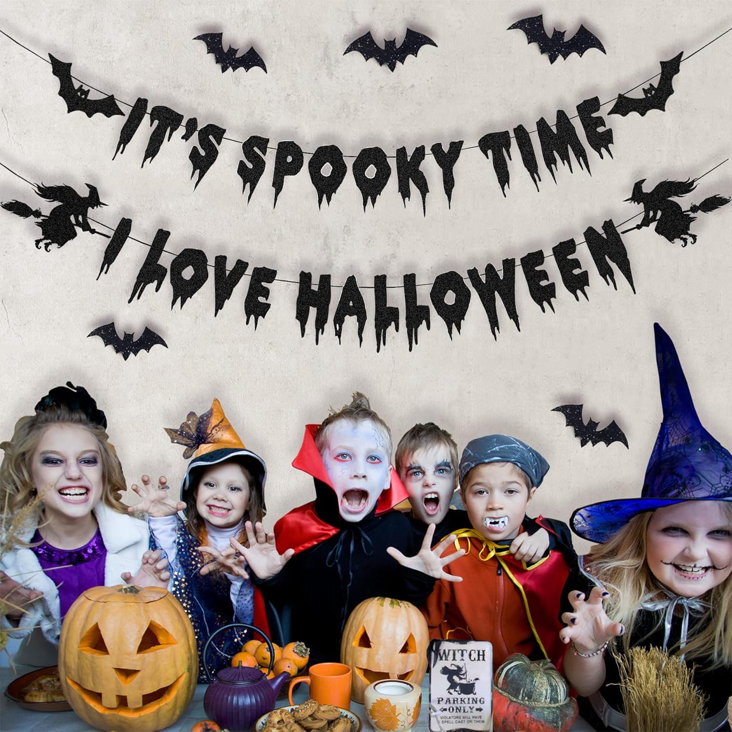 Halloween Decorations Glittery Black Banner Garland Bats