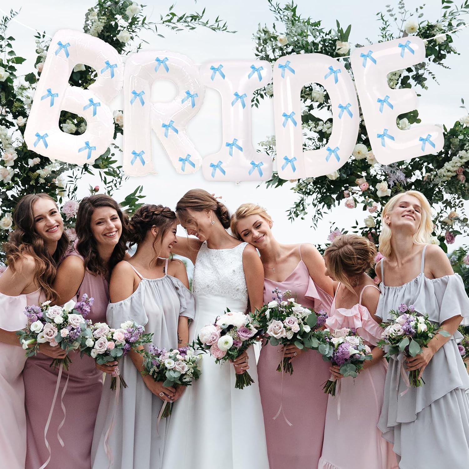 40 Inch White Bride Balloons with Blue Bows