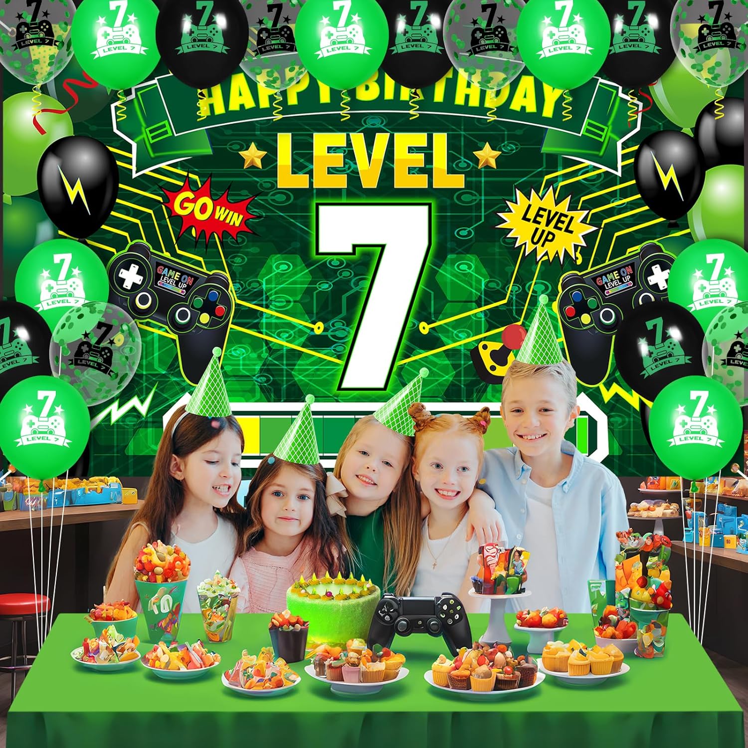 Level Up 7th Birthday Banner and Balloons Set