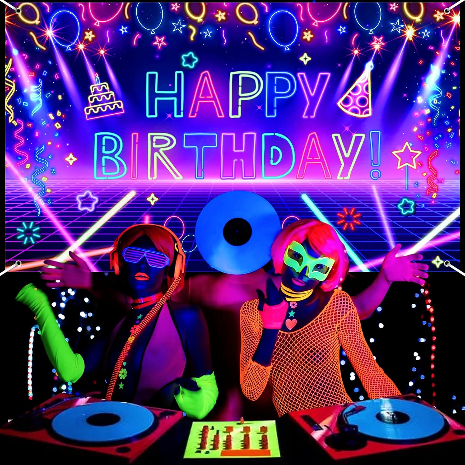 Glow Neon Birthday Party Banner - 71x44 Inch UV Reactive