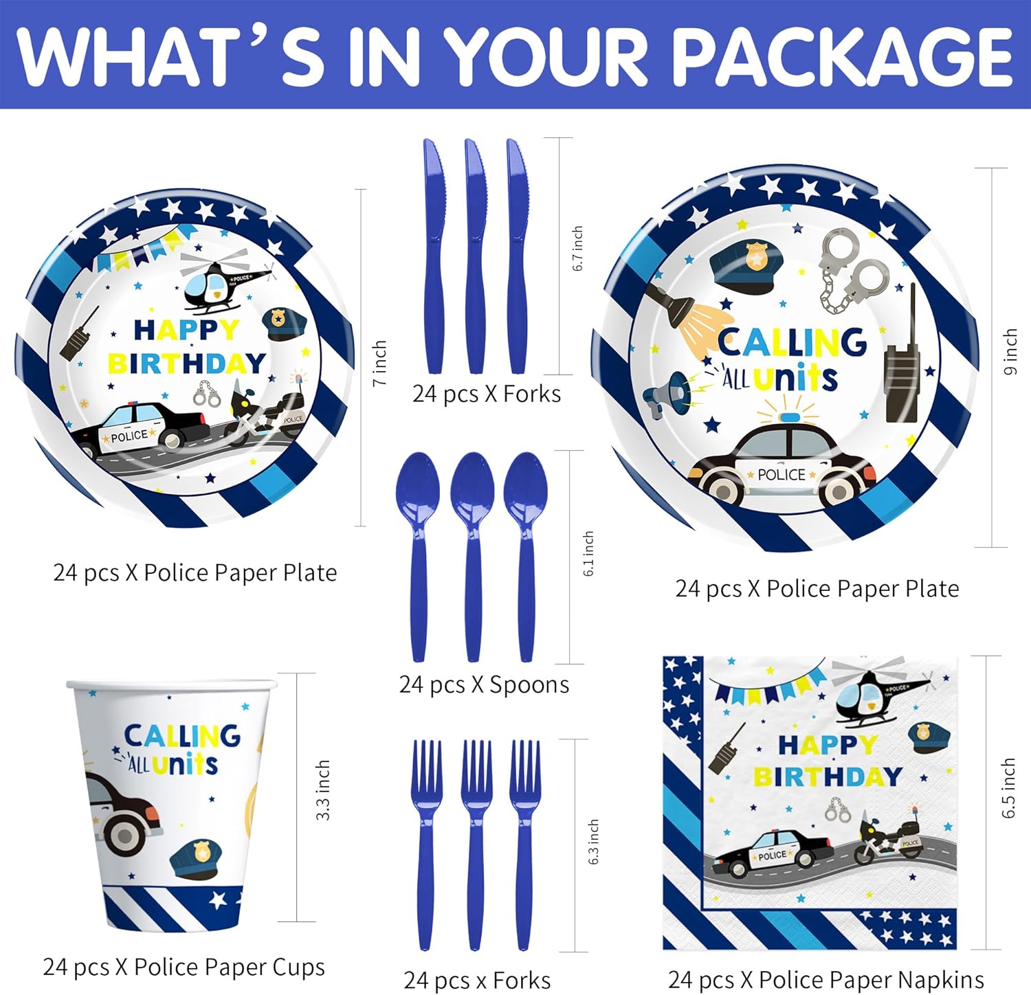Police Party Decorations Tableware Set for 24 Guests