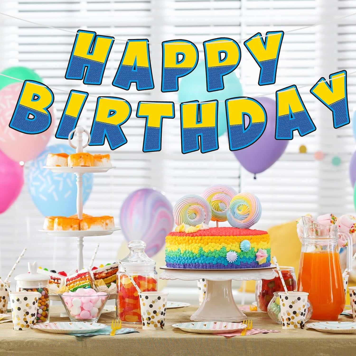 Funrous Birthday Banner Yellow Blue Happy Party Decor