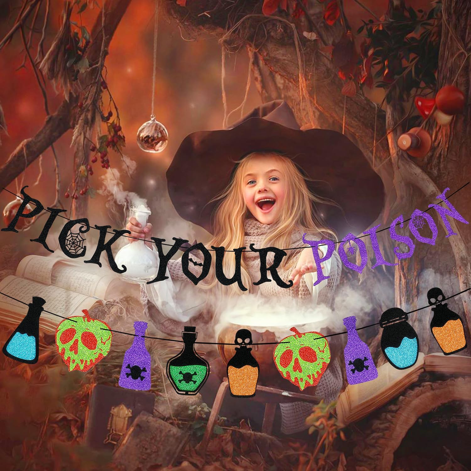 Black and Purple Glitter Pick Your Poison Halloween Banner