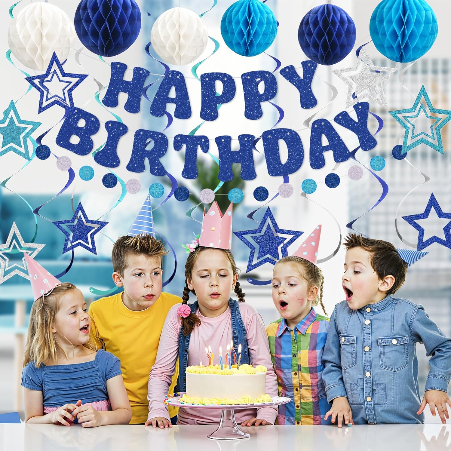 Glitter Blue Birthday Banner with Honeycomb Balls and Stars Streamers