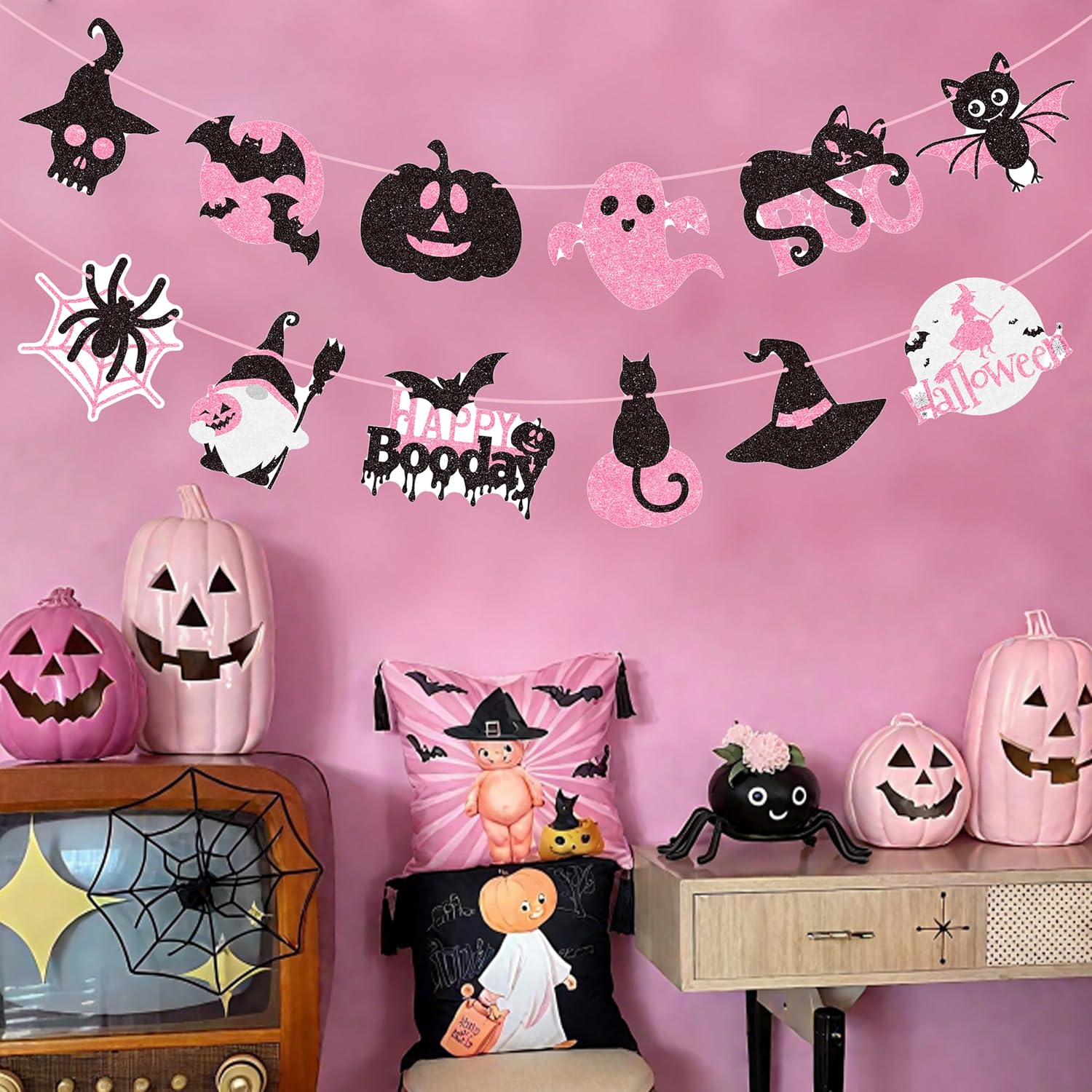 2pcs Halloween Party Banners Black Pink Ghost Boo Witch Decorations