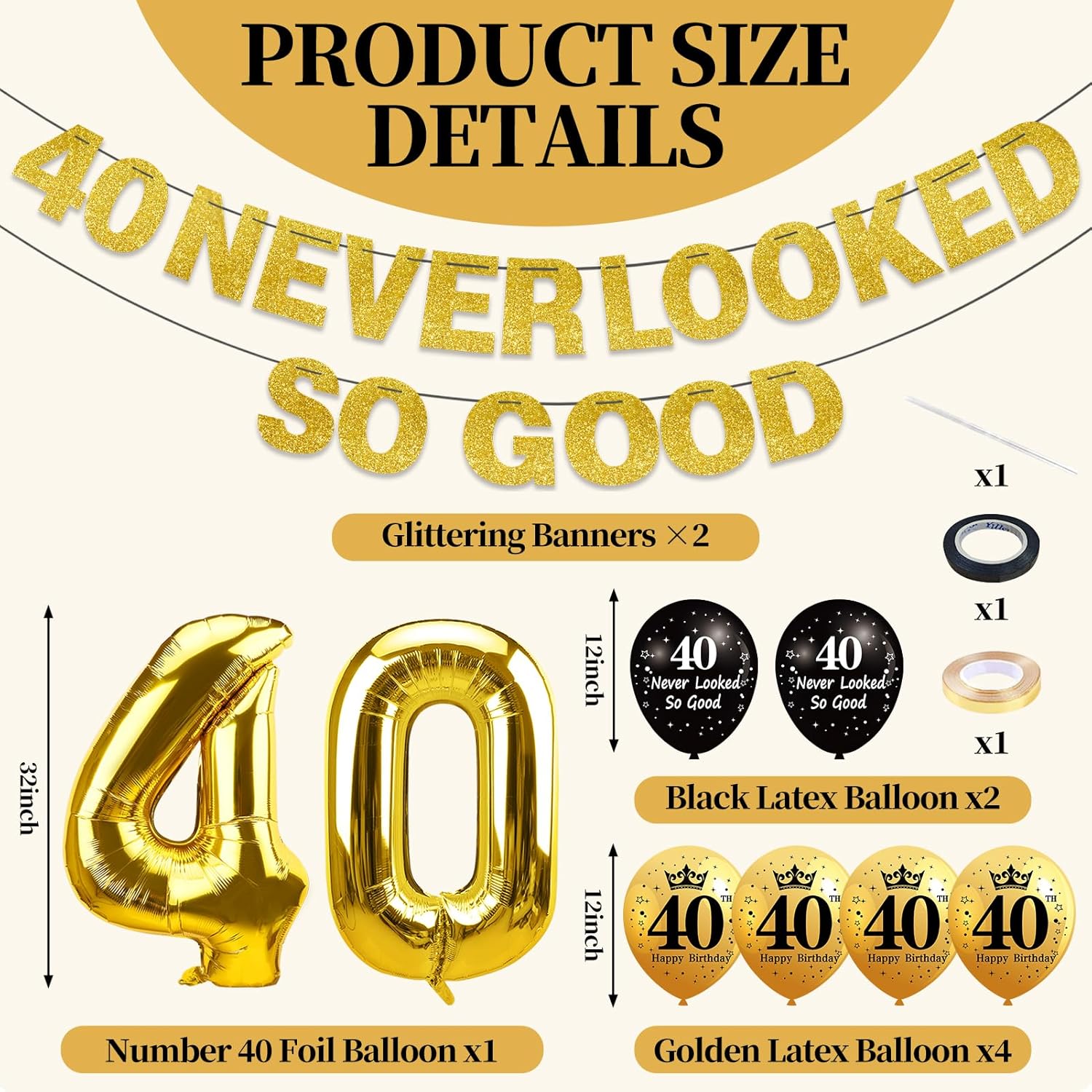 40th Birthday Decorations Kit Black Gold Banner and Foil Balloons