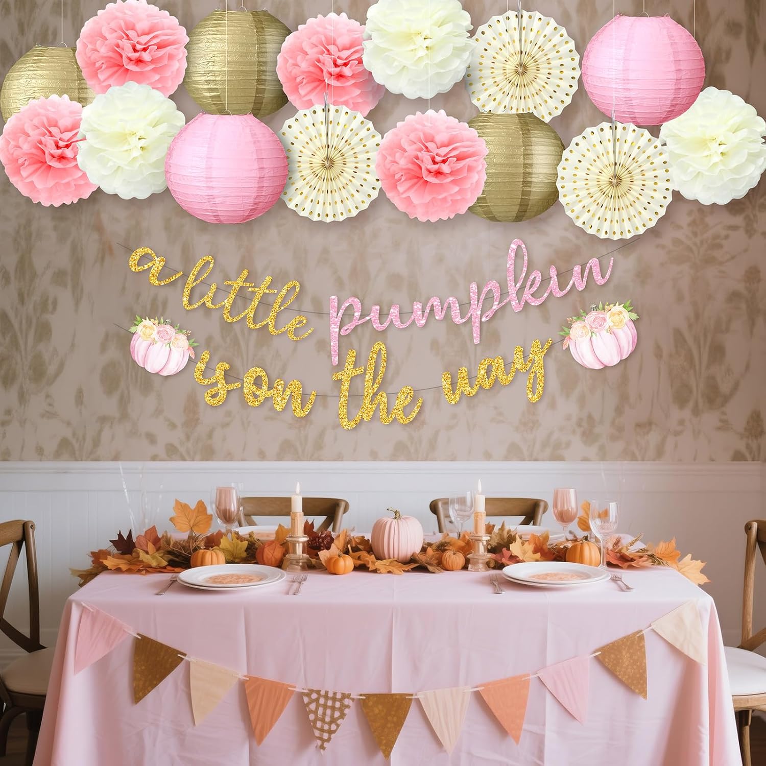 Little Pumpkin Fall Baby Shower Decor 15 Pcs Set Pink