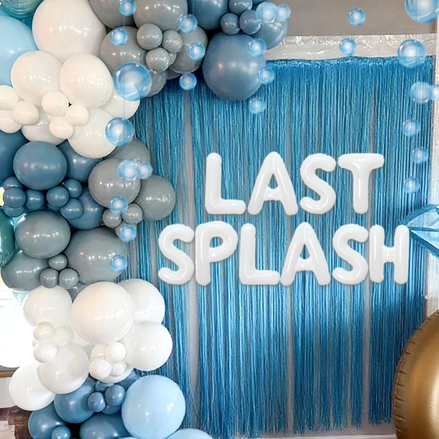 Last Splash Banner Balloons Blue White Coastal Bachelorette Decor