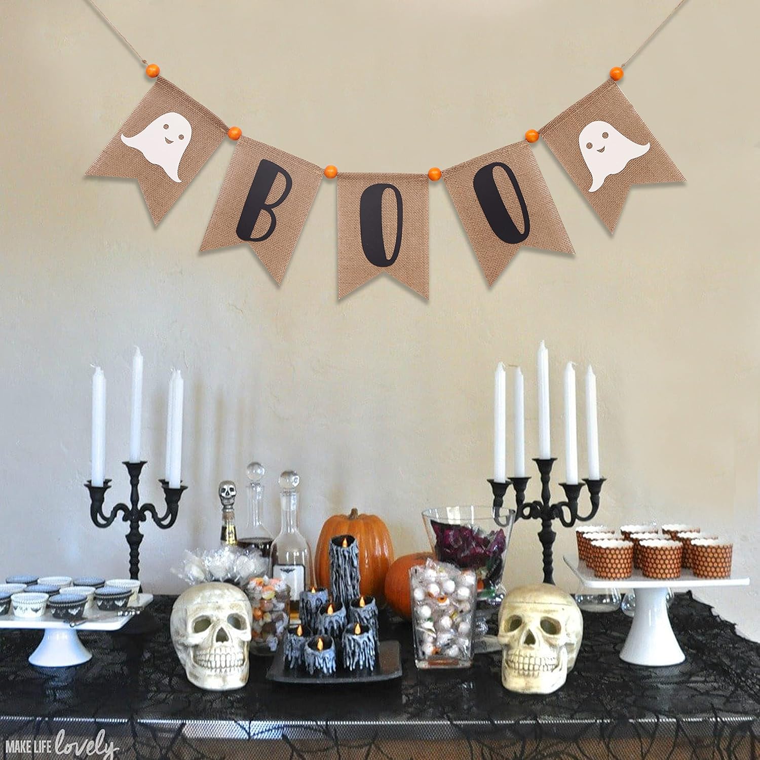 Boo Burlap Halloween Banner with Ghost and Fireplace Garland