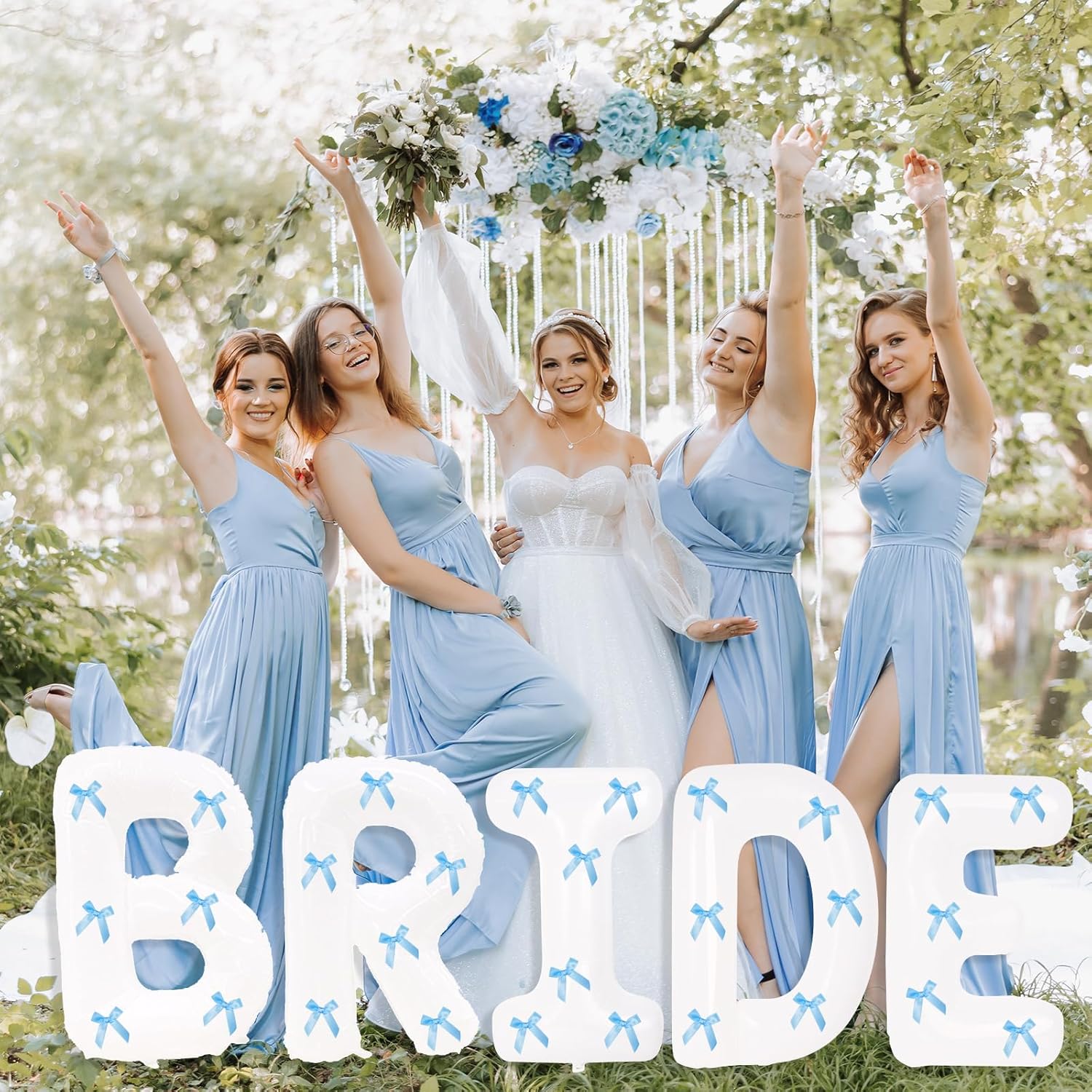 40 Inch White Bride Balloons with Blue Bows