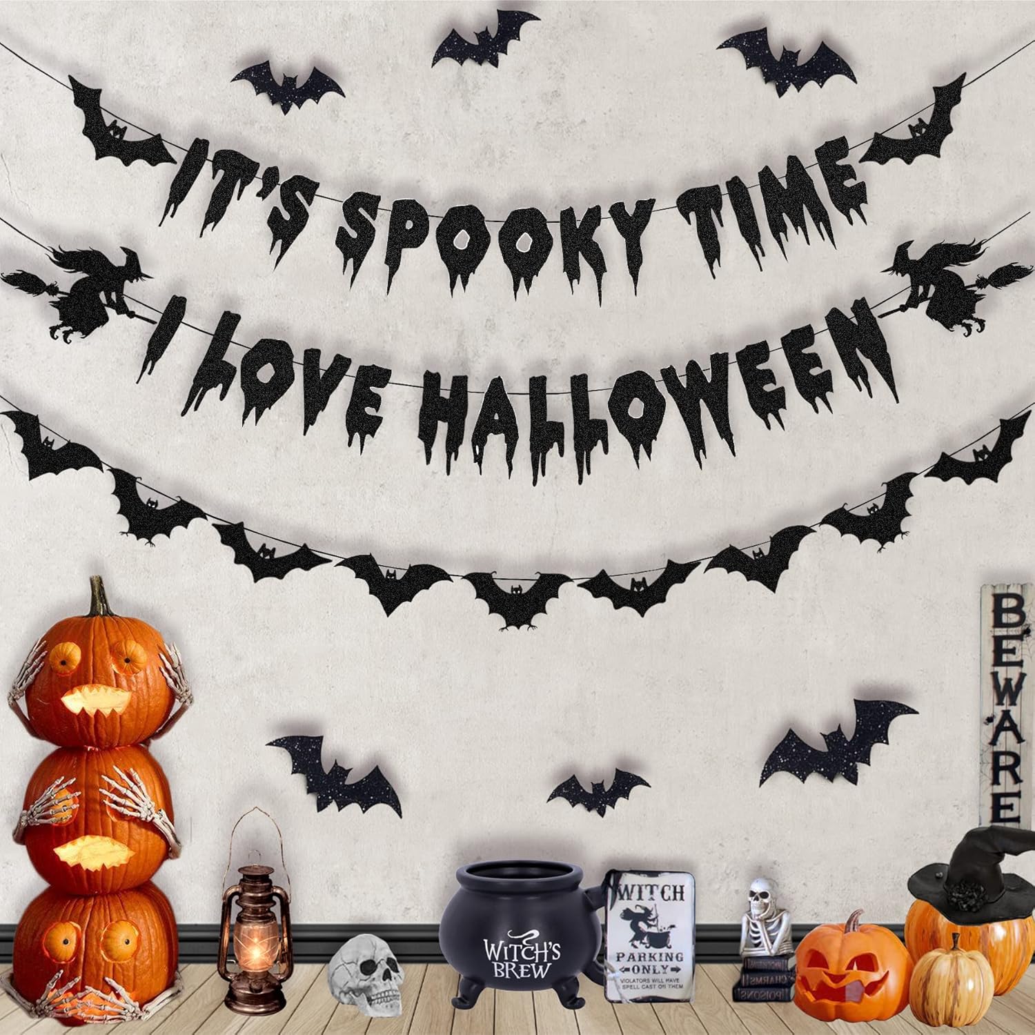 Halloween Decorations Glittery Black Banner Garland Bats