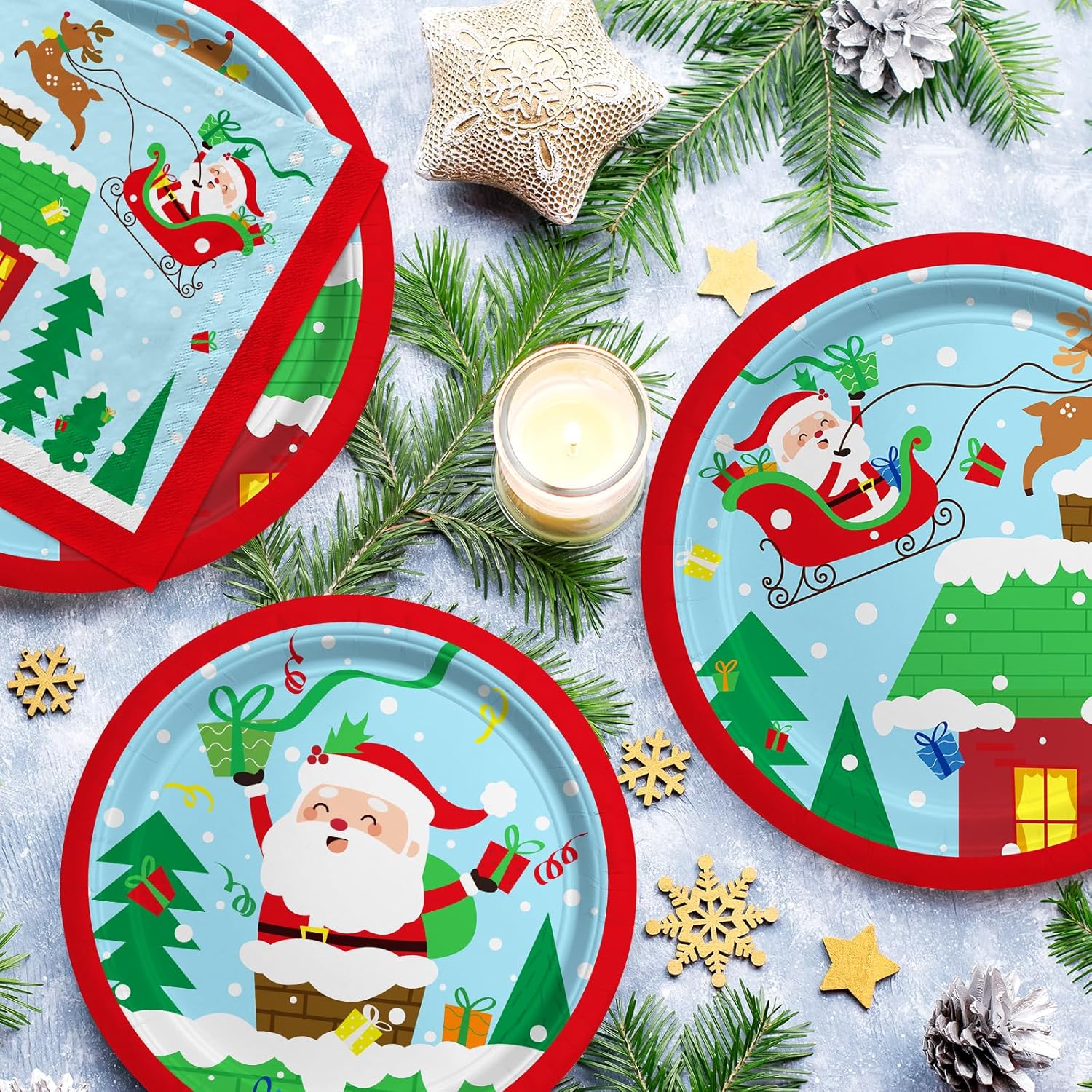 Christmas Party Supplies - 50pcs Santa Themed Plates Napkins
