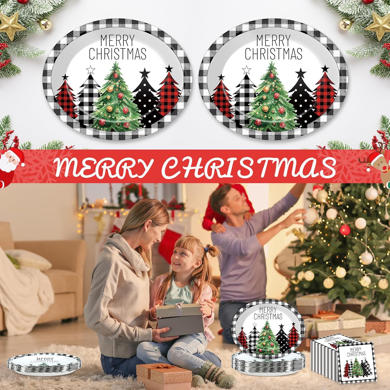 50Pcs Christmas Paper Oval Plates with Napkins