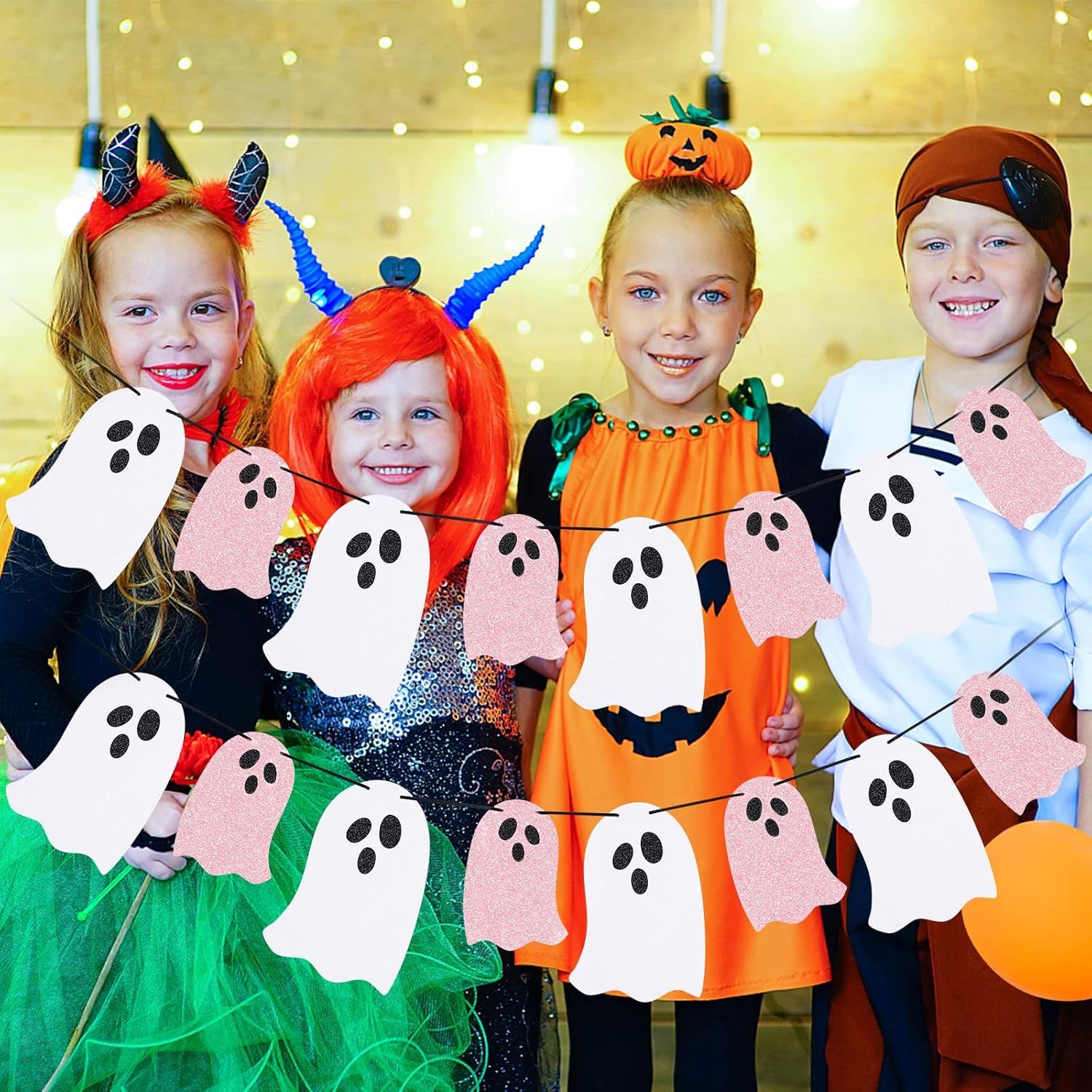 2 Pack Pink and White Halloween Ghost Garland Banner Decorations