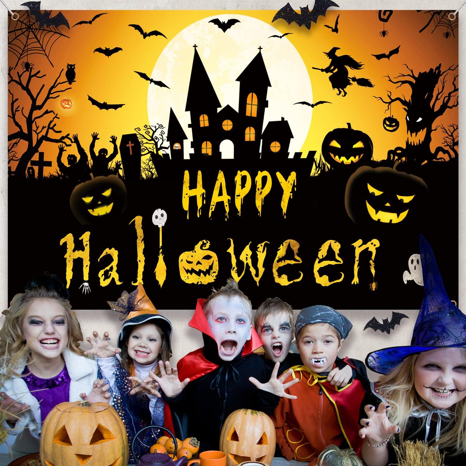 Happy Halloween Banner - Witch Pumpkin Bats Indoor Decor