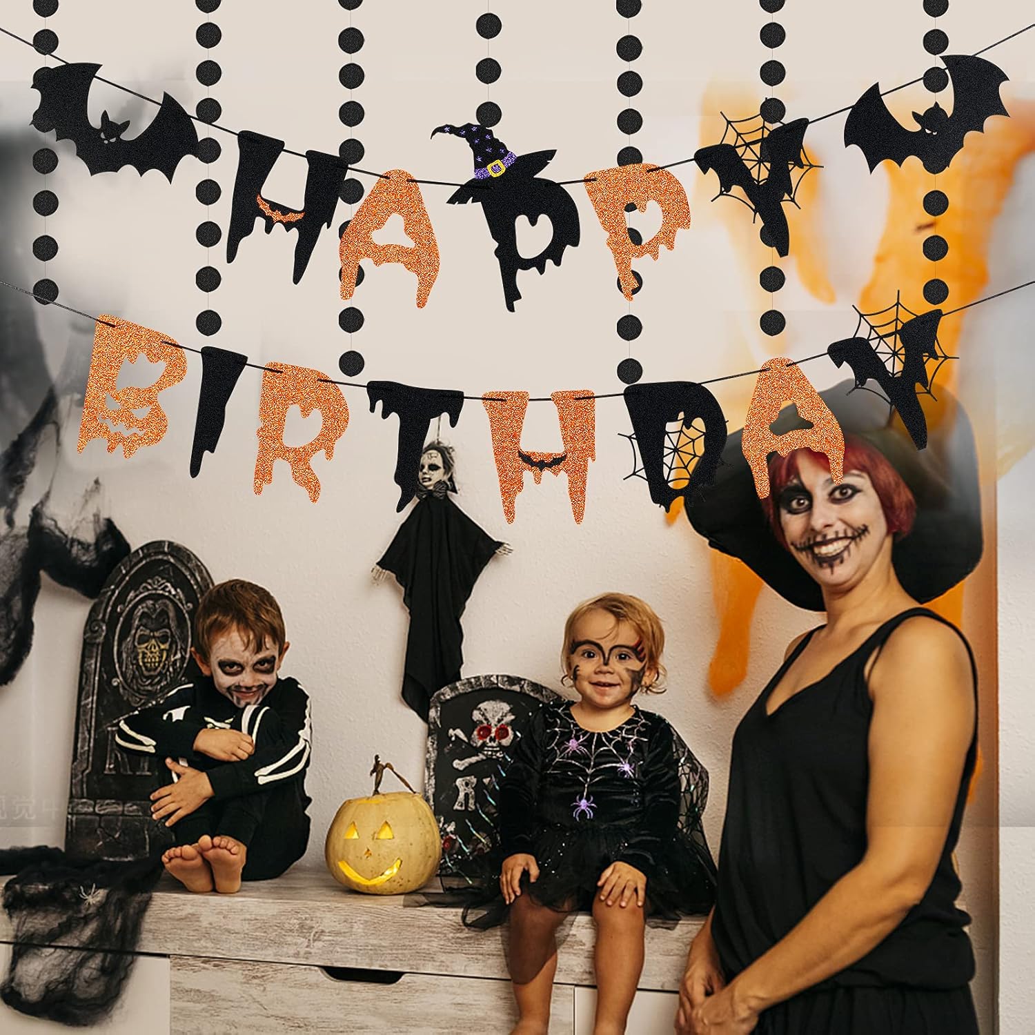 Halloween Witch Happy Birthday Banner - Orange Black Decor