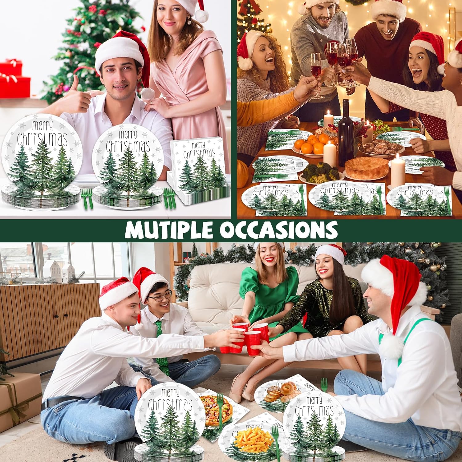 96Pcs Christmas Tree Paper Plates Napkins for 24 Guests