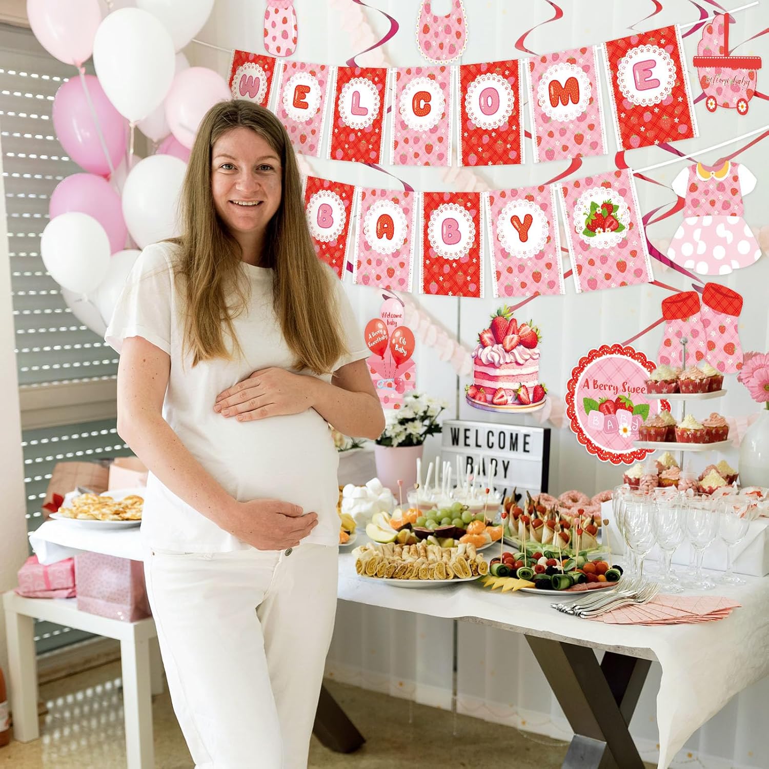 Strawberry Baby Shower Decorations with Banner and Hanging Swirls