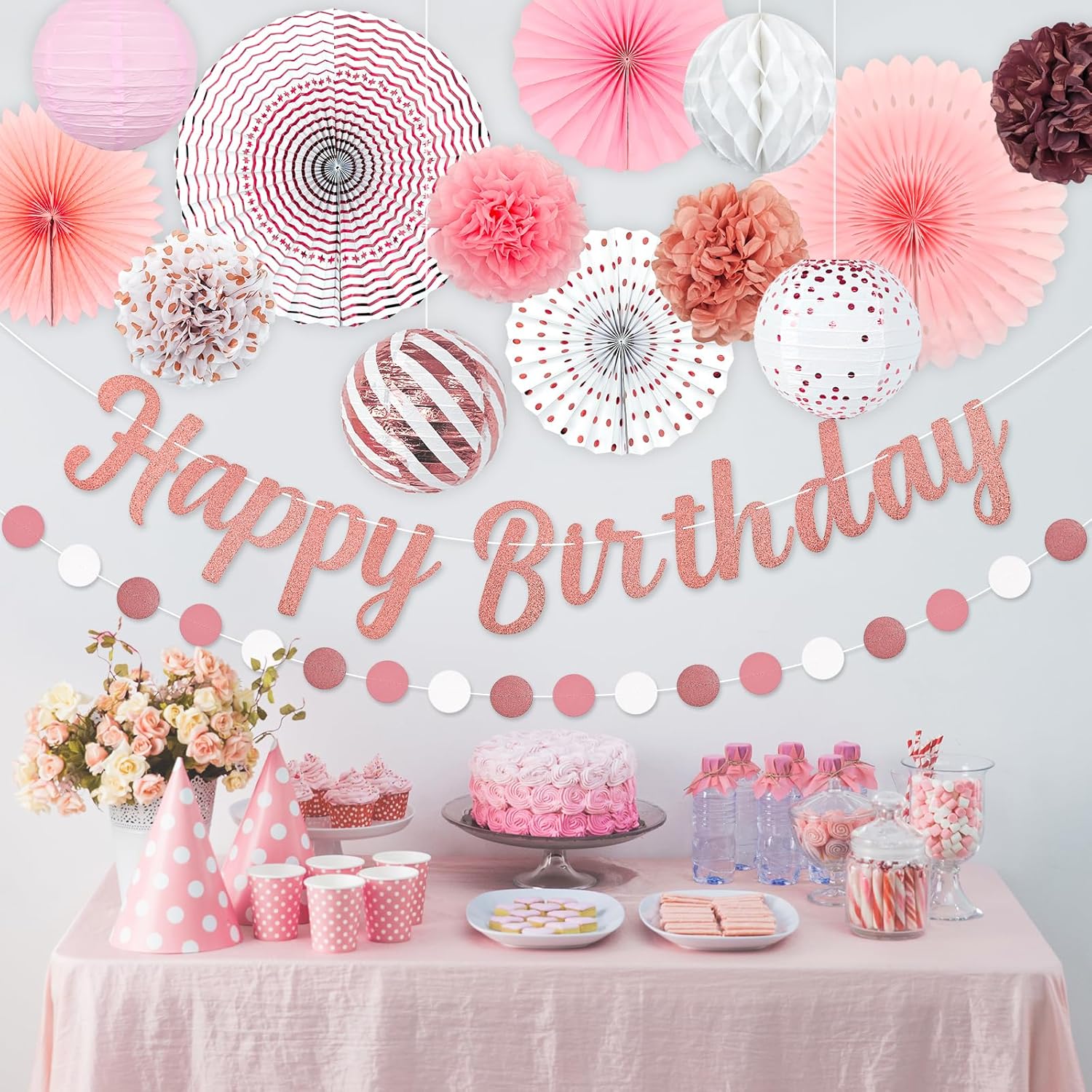 Pink White Rose Gold Birthday Party Decorations 21pcs