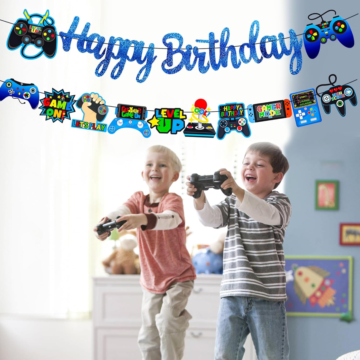 Glitter Blue Game Party Banners for Birthday Celebrations