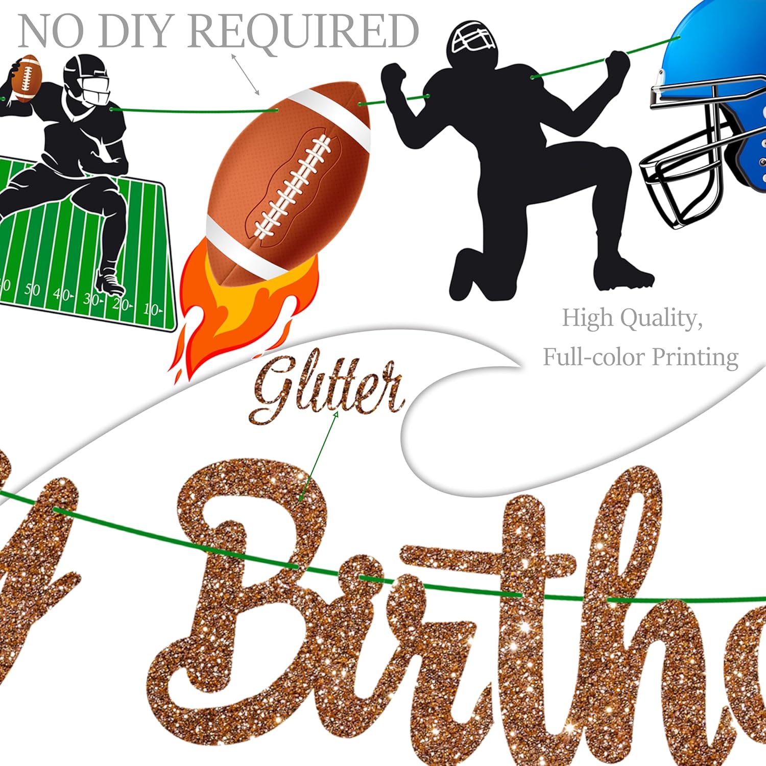 Glitter Brown Football Happy Birthday Banners for Party Decorations