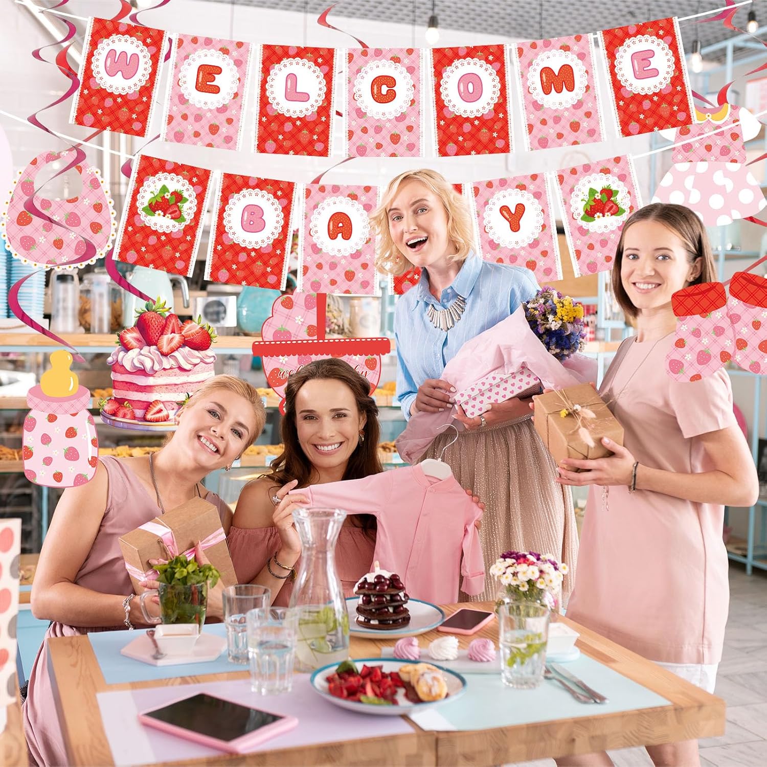Strawberry Baby Shower Decorations with Banner and Hanging Swirls