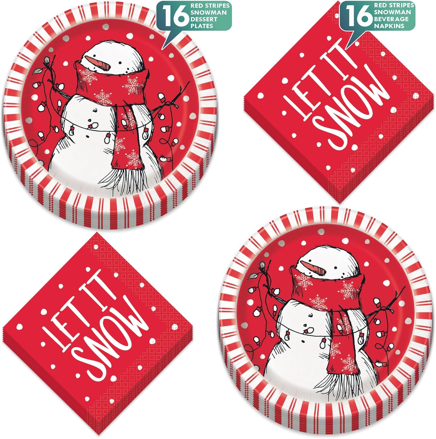 Red Stripe Rustic Snowman Christmas Dessert Plates and Napkins Set