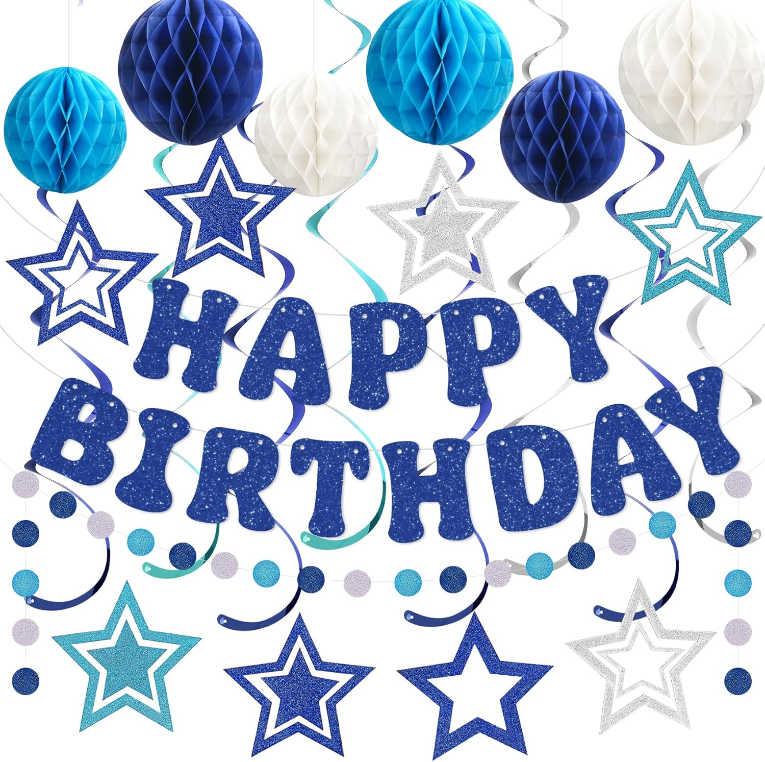 Glitter Blue Birthday Banner with Honeycomb Balls and Stars Streamers