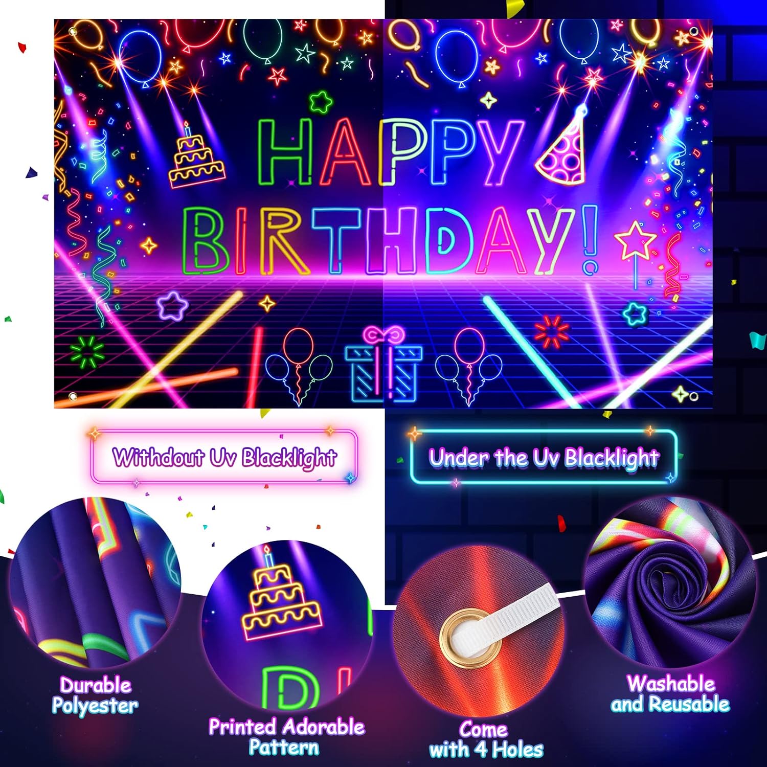 Glow Neon Birthday Party Banner - 71x44 Inch UV Reactive