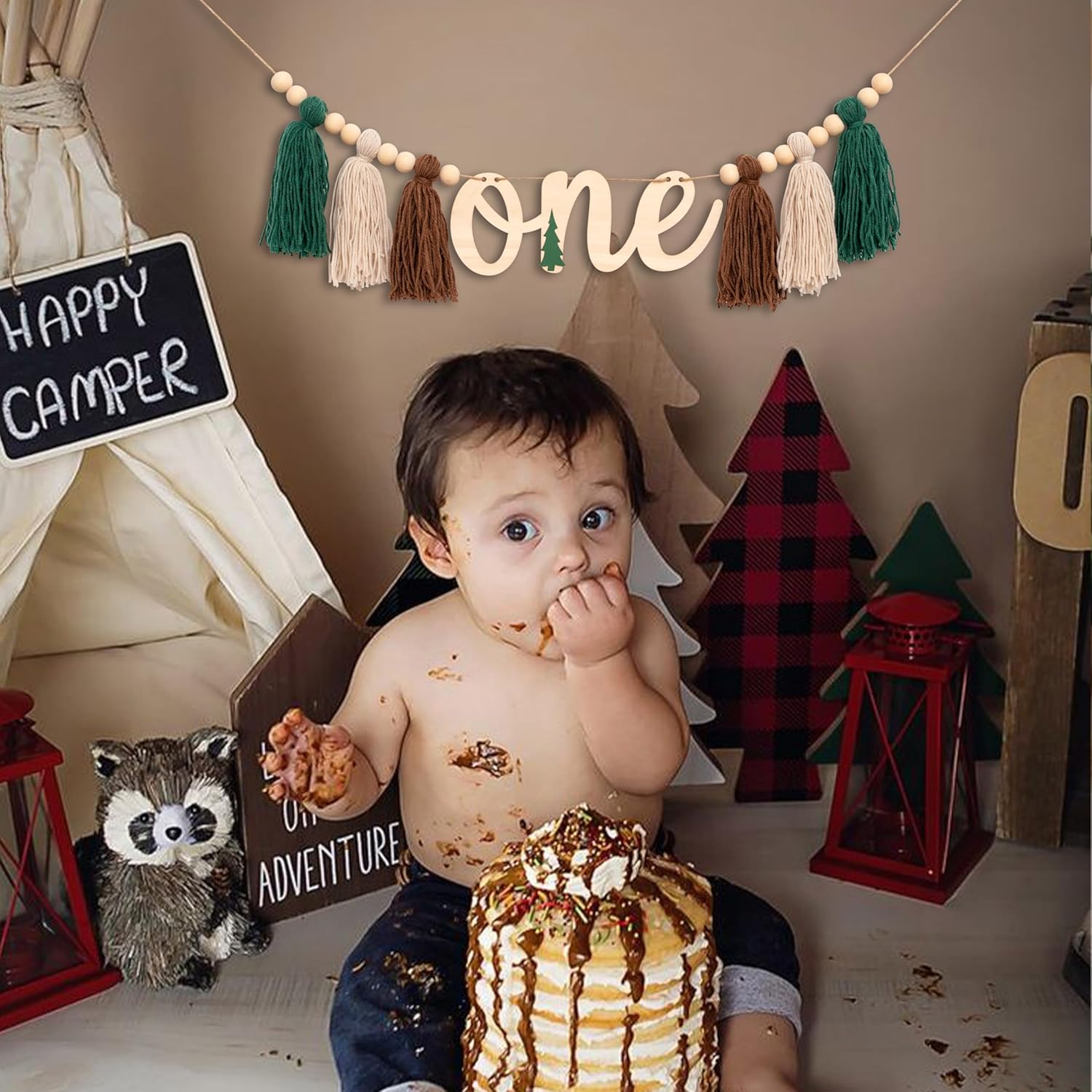 One Happy Camper High Chair Banner - Adventure Camping Theme Decor