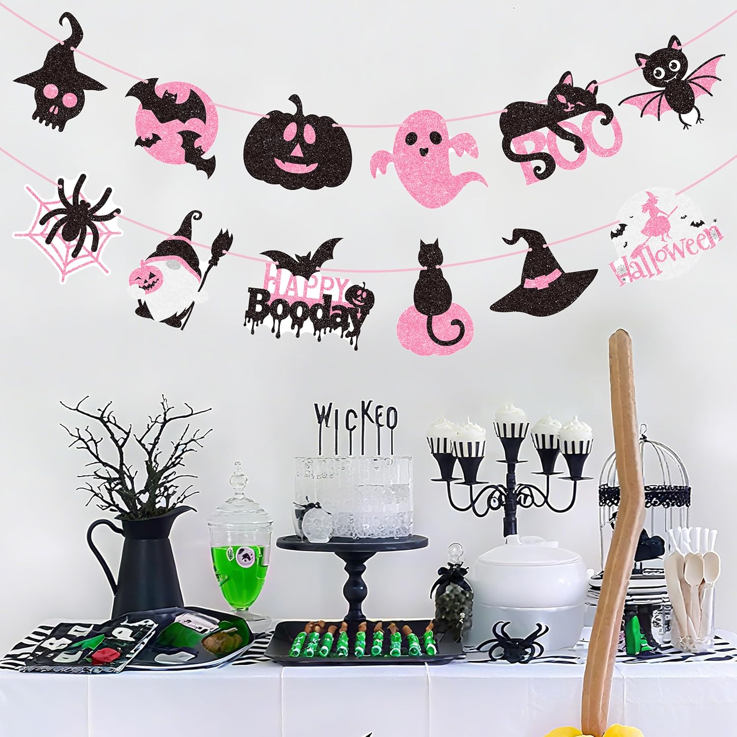 2pcs Halloween Party Banners Black Pink Ghost Boo Witch Decorations