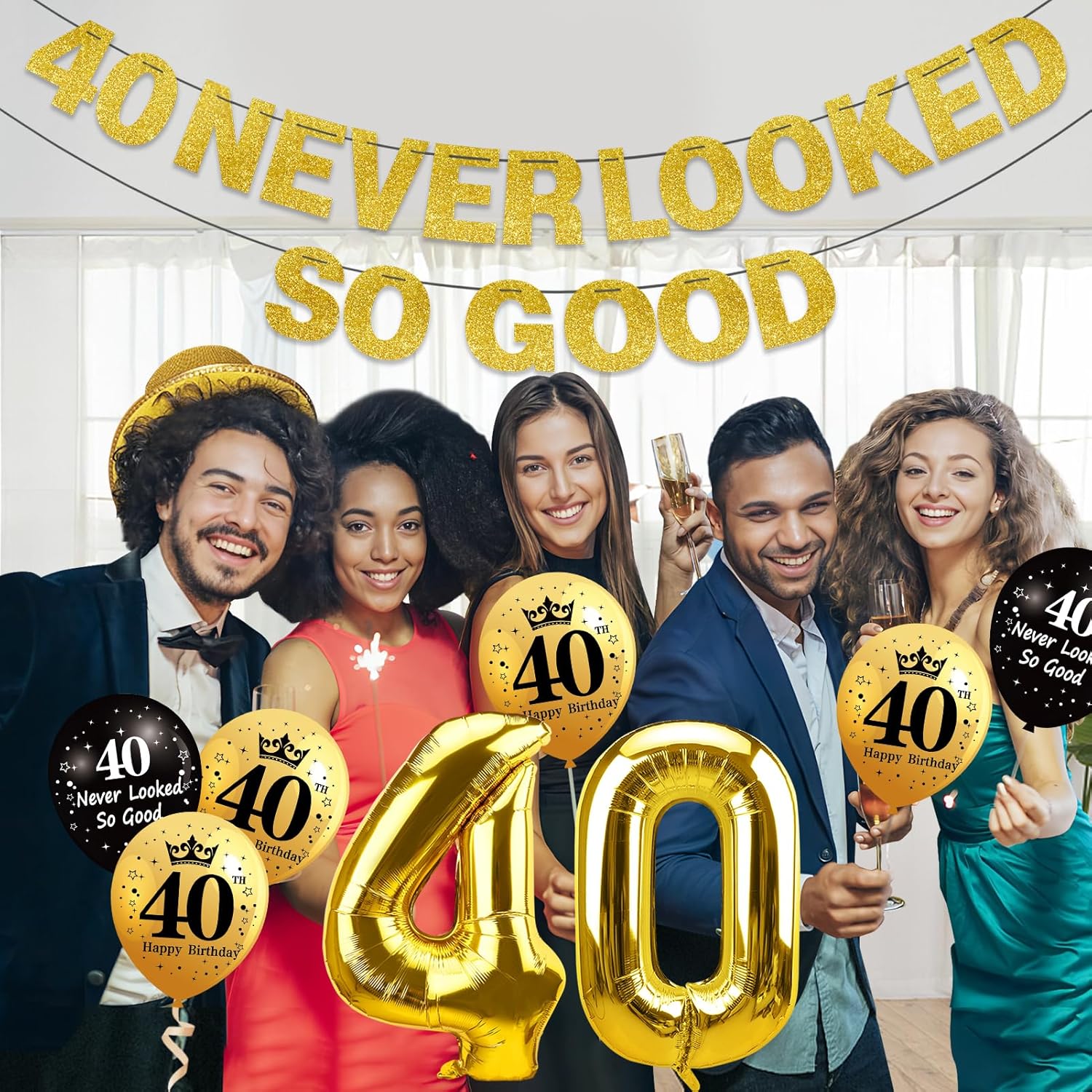 40th Birthday Decorations Kit Black Gold Banner and Foil Balloons