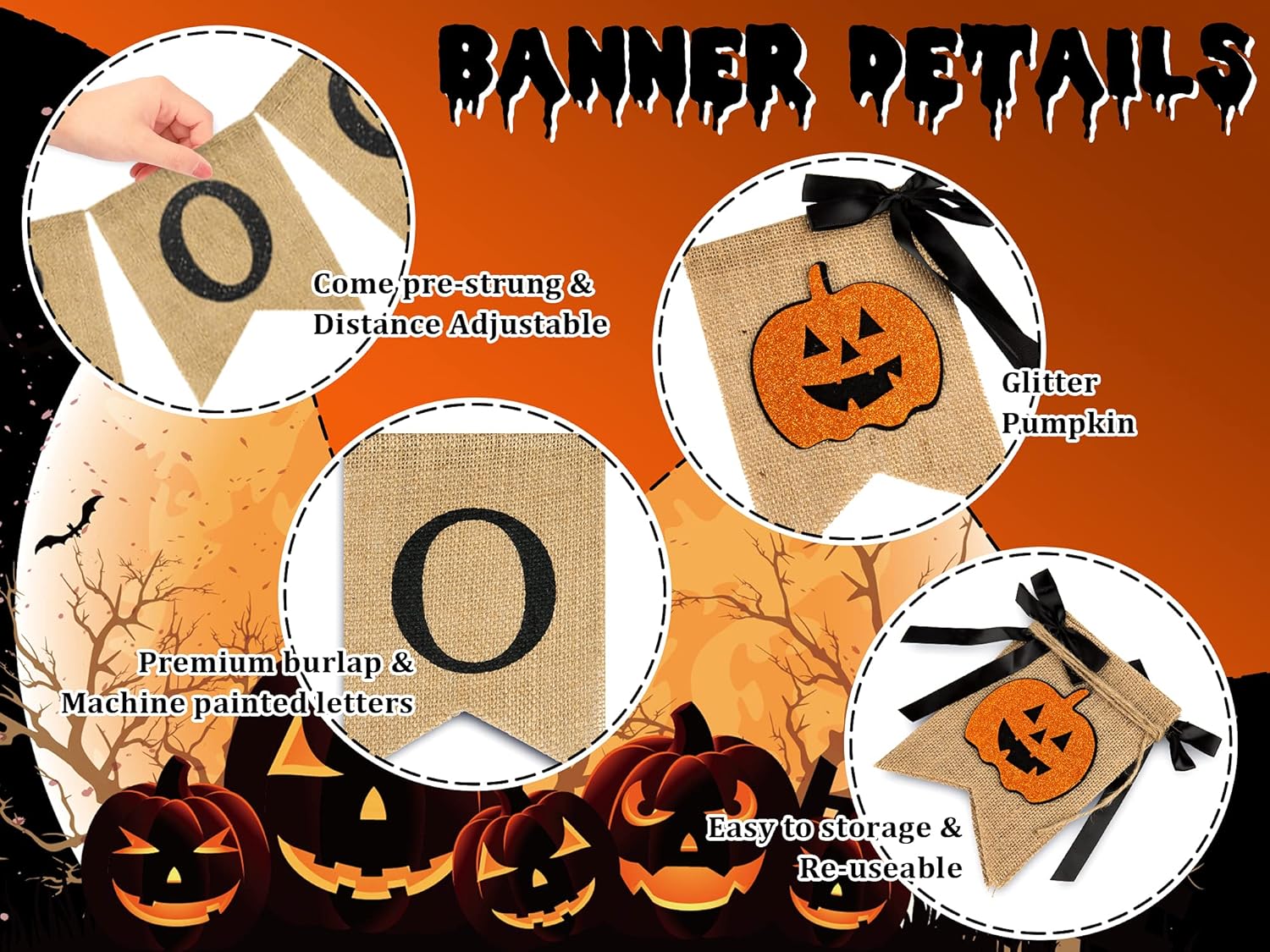 Whaline Halloween Bunting Banner with Glitter Pumpkin and Boo Design