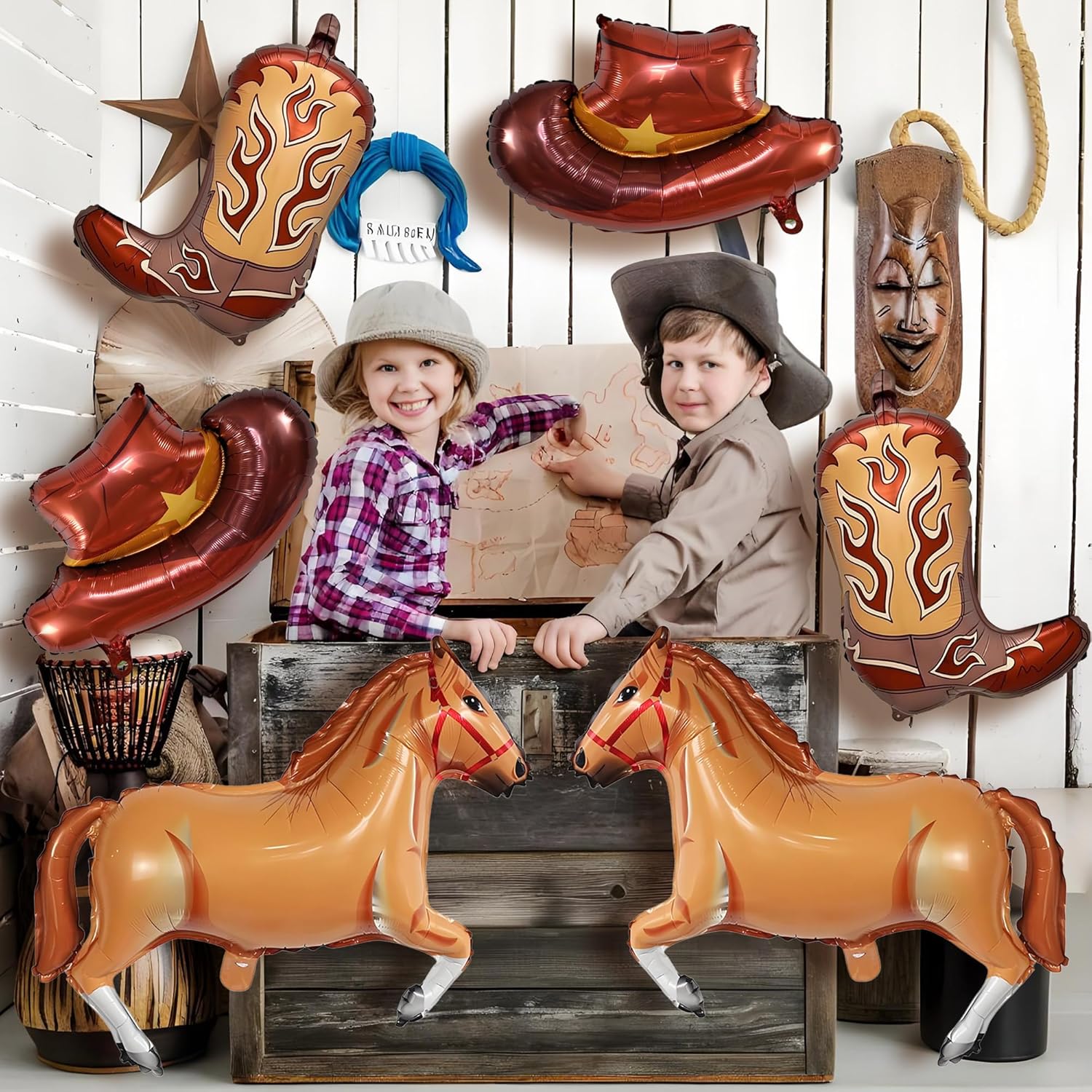 6PCS Western Themed Balloons Horse Cowgirl Hat Boot Decorations