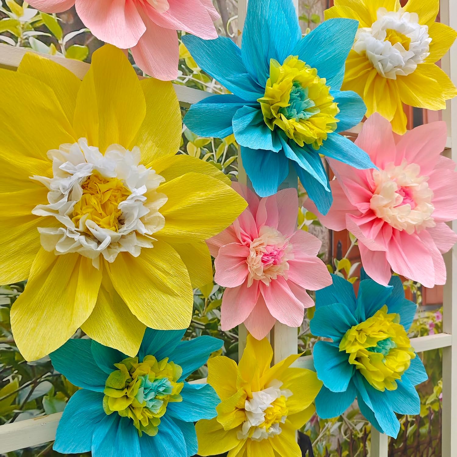Mybbshower Crepe Paper Flowers Pack of 9 Pink Yellow Blue