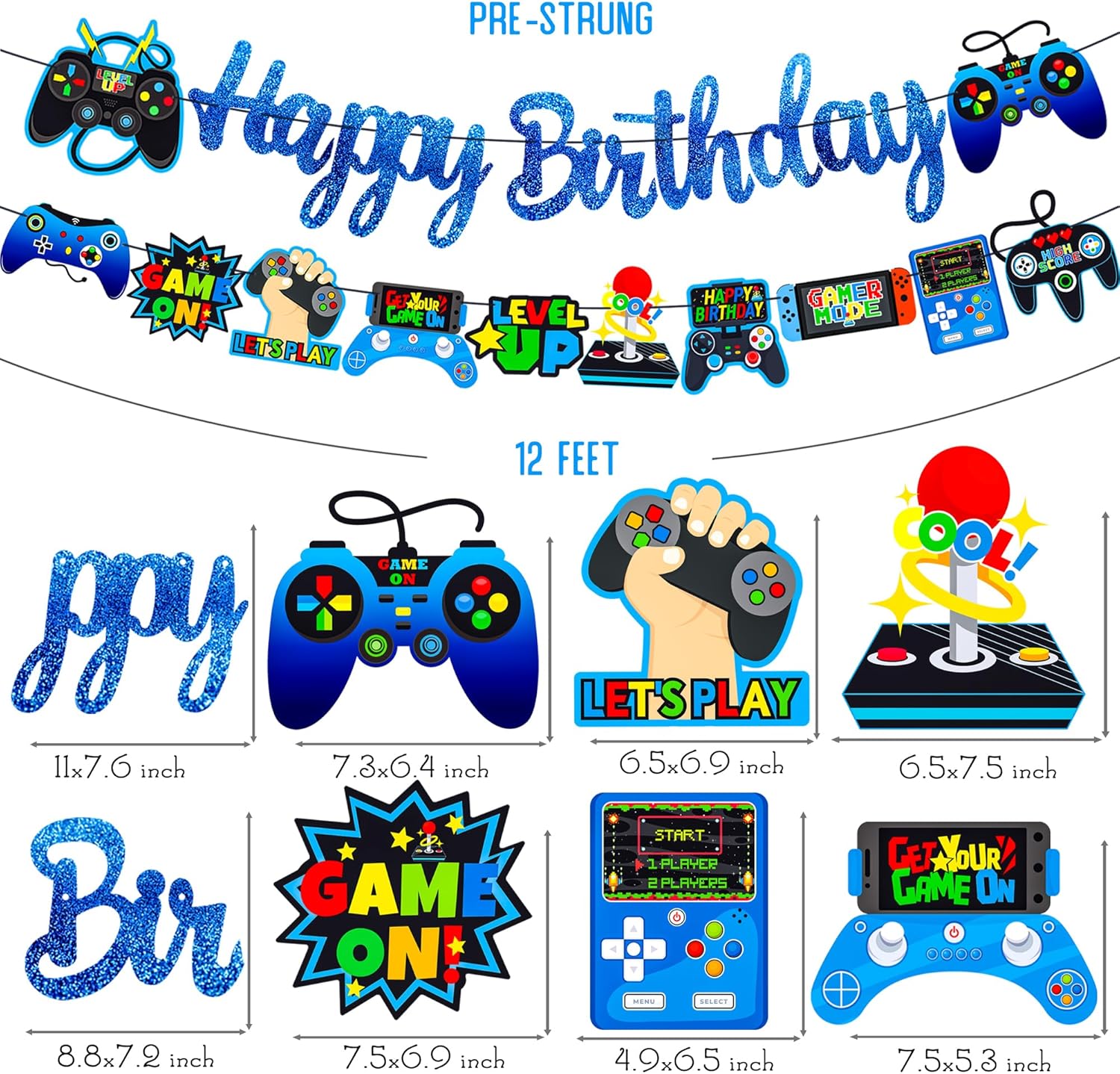 Glitter Blue Game Party Banners for Birthday Celebrations